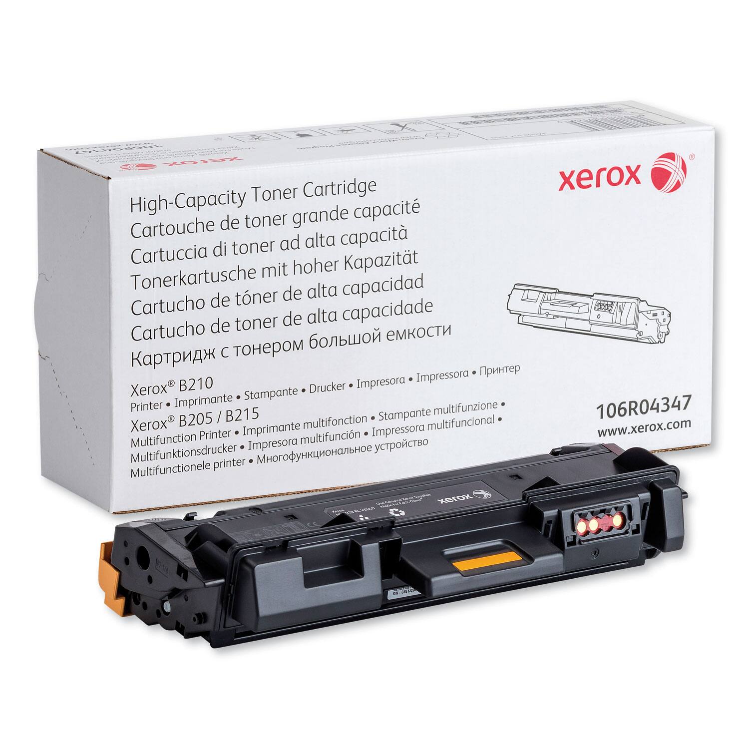 High-Capacity Toner Cartridge  
Cartouche de toner grande capacité  
Cartuccia di toner ad alta capacità  
Tonerpatrone mit hoher Kapazität  
Cartucho de tóner de alta capacidad  
Cartucho de toner de alta capacidad  
Картридж с тонером большой емкости  

Xerox® B210  
Printer • Imprimante • Stampante • Drucker • Impresora • Печать  

Xerox® B205 / B215  
Multifunction Printer • Imprimante multifonction • Stampante multifunzione • Impresora multifuncional • Многорункциональное устройство  

106R04347  
www.xerox.com  

Xerox® B210  
Printer • Imprimante • Stampante • Drucker • Impresora • Печать  

Xerox® B205 / B215  
Multifunction Printer • Imprimante multifonction • Stampante multifunzione • Impresora multifuncional • Многорункциональное устройство  

106R04347  
www.x