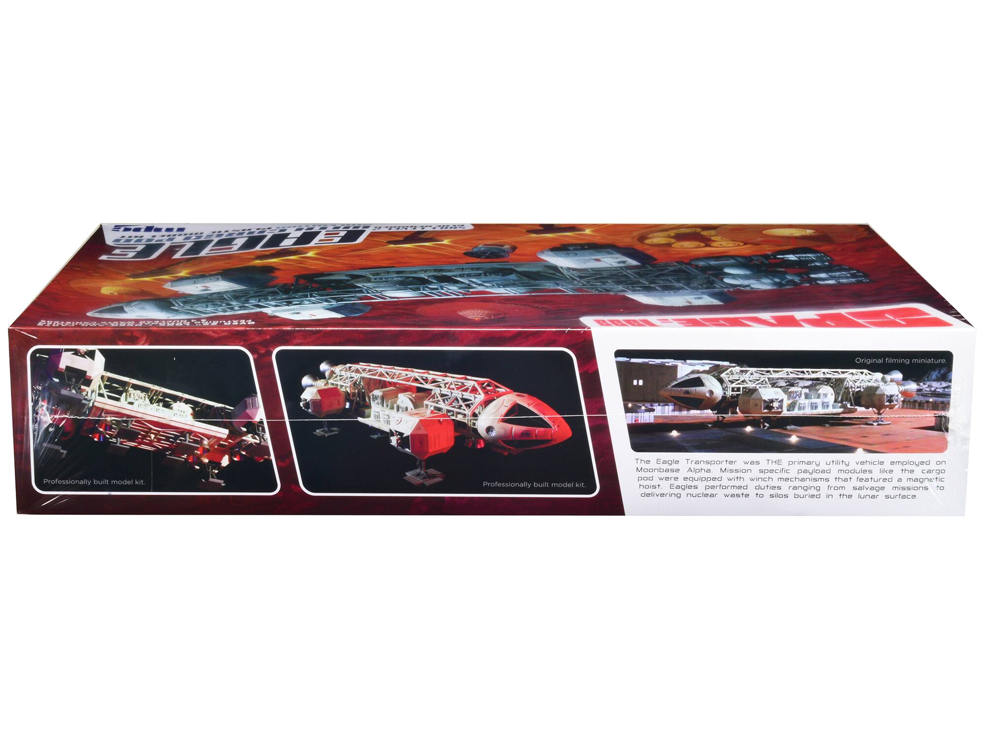 The Eagle Transporter was the primary utility vehicle employed on Moonbase Alpha. Mission-specific payload modules were equipped with winch mechanisms that featured a magnetic hoist. Eagles performed duties ranging from salvage missions to delivering nuclear waste to silos buried in the lunar surface.

Original filming miniature.

Professionally built model kit.