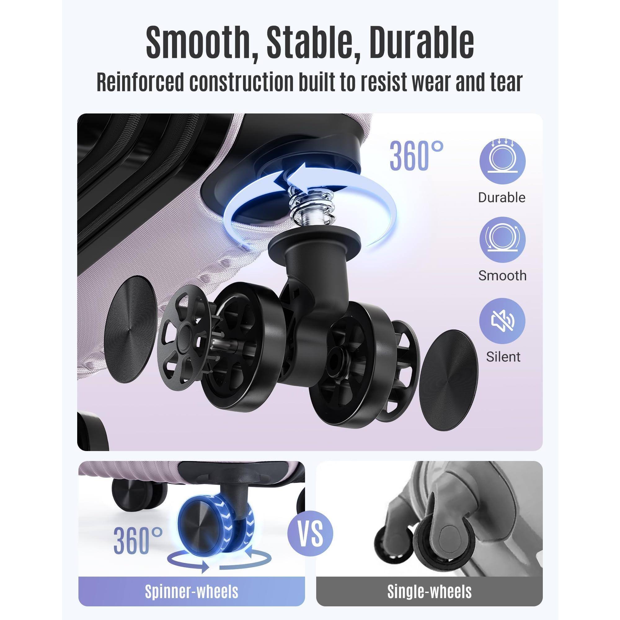 Smooth, Stable, Durable  
Reinforced construction built to resist wear and tear  

360°  
Durable  
Smooth  
Silent  

360° Spinner-wheels  
VS  
Single-wheels