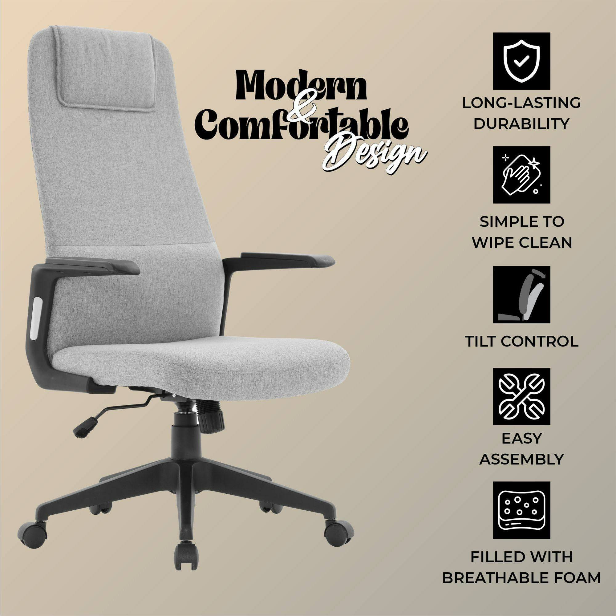 Modern Comfortable Design

- LONG-LASTING DURABILITY
- SIMPLE TO WIPE CLEAN
- TILT CONTROL
- EASY ASSEMBLY
- FILLED WITH BREATHABLE FOAM