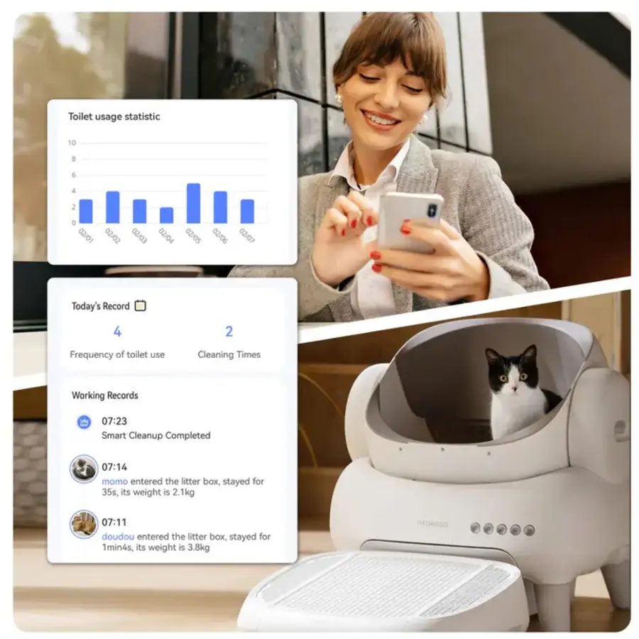 Toilet usage statistics: 10, 8, 6, 4, 2, 0.

Today's record: 4.

Frequency of toilet use: 2.

Cleaning times: 07:23, 07:14, 07:11.

Working records: 07:14, 07:11.

Smart Cleanup completed: 07:14.

Momo entered the litter box, stayed for 35 seconds, and its weight is 2.1 kg.

Doudou entered the litter box, stayed for 1 minute and 4 seconds, and its weight is 3.8 kg.
