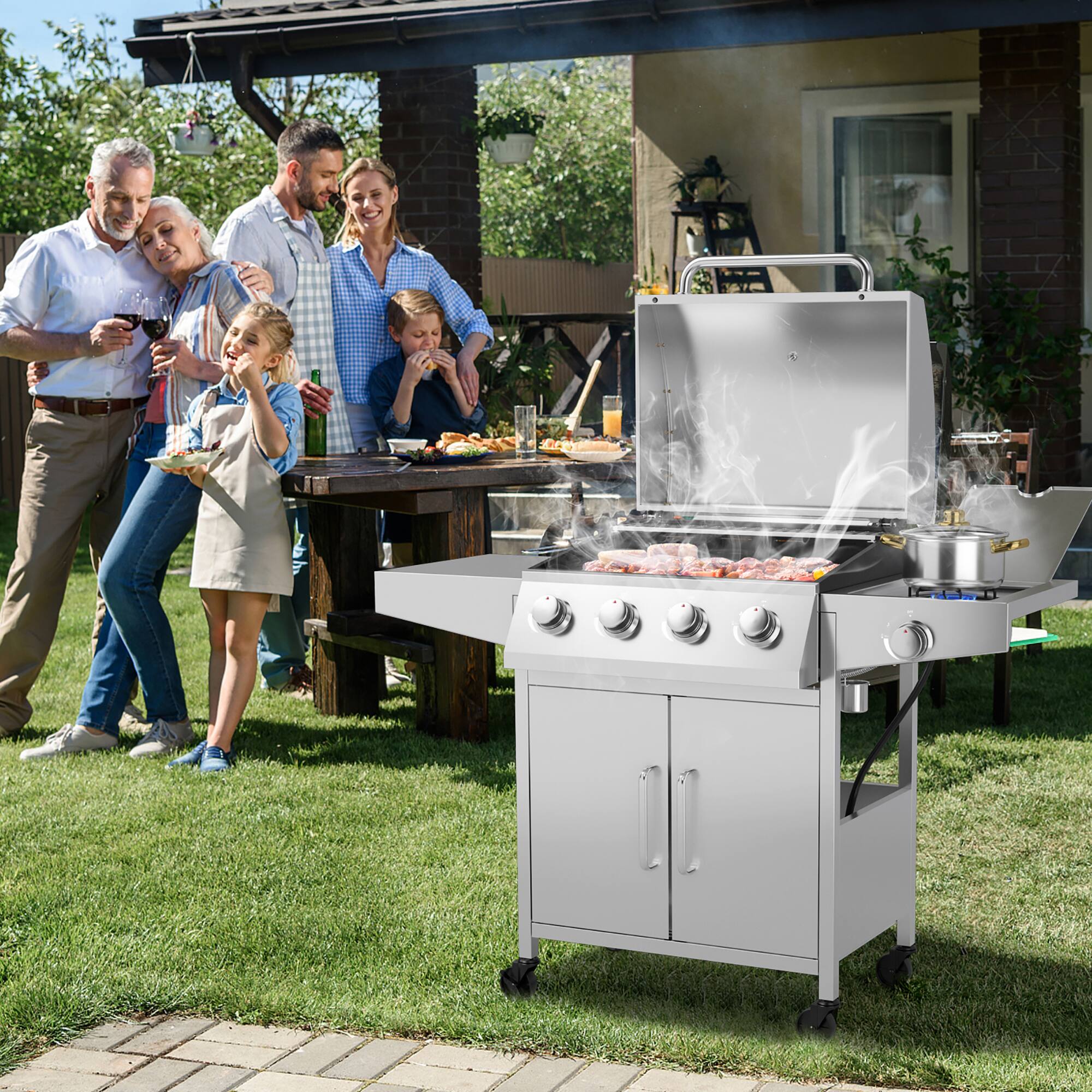 Left. Costway - 5-Burner Propane Gas BBQ Grill with Side Burner, Thermometer, Prep Table 50000 BTU - Silver.