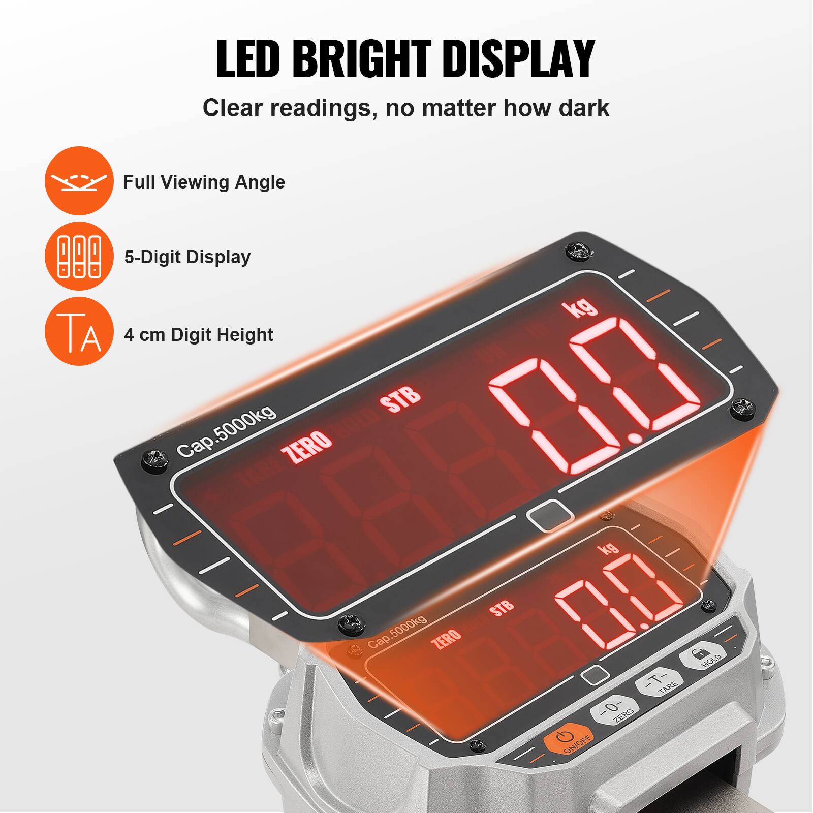 LED BRIGHT DISPLAY  
Clear readings, no matter how dark  

Full Viewing Angle  
5-Digit Display  
4 cm Digit Height  

Cap. 5000kg  
ZERO kg  
STB 00 kg  

HOLD  
TARE  
ON/OFF
