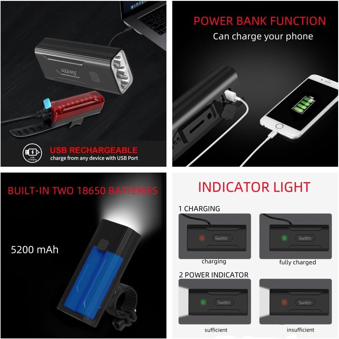 **POWER BANK FUNCTION**  
Can charge your phone

**USB RECHARGEABLE**  
charge from any device with USB Port

**BUILT-IN TWO 18650 BATTERIES**  
5200 mAh

**INDICATOR LIGHT**  
1. CHARGING  
   - charging  
   - fully charged  

2. POWER INDICATOR  
   - sufficient  
   - insufficient