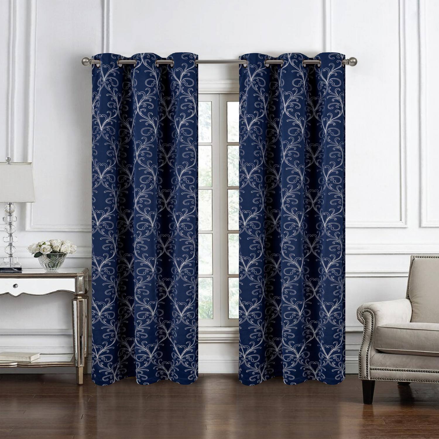 Angle. RT Designers Collection - RT Designer Collection Kimber Embroidered Blackout Luxurious Decorative Grommet Curtain Panel 54" x 84" Navy - Navy Blue.