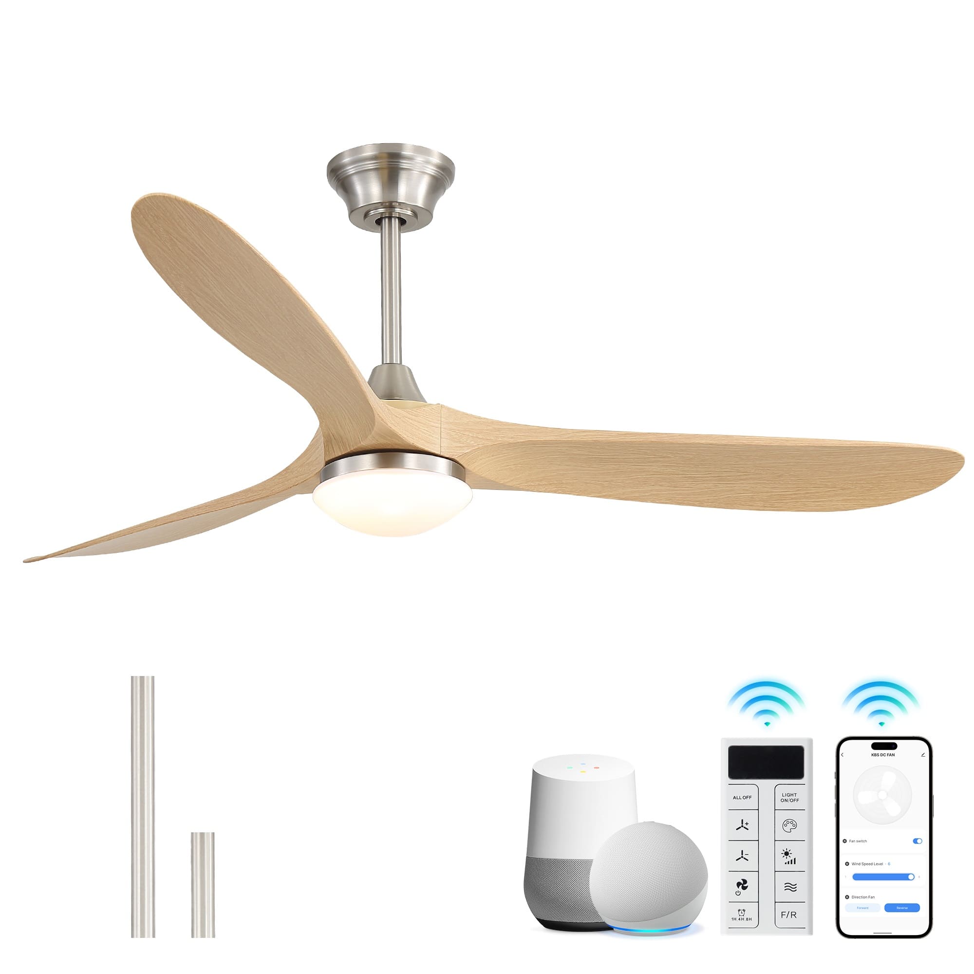 Sofucor - 60'' Outdoor Ceiling Fan with Integrated LED Light & Remote Dimmable 3CCT 6 Speed DC Motor for Patio Bedroom Living Room - Nickel-Light Brown