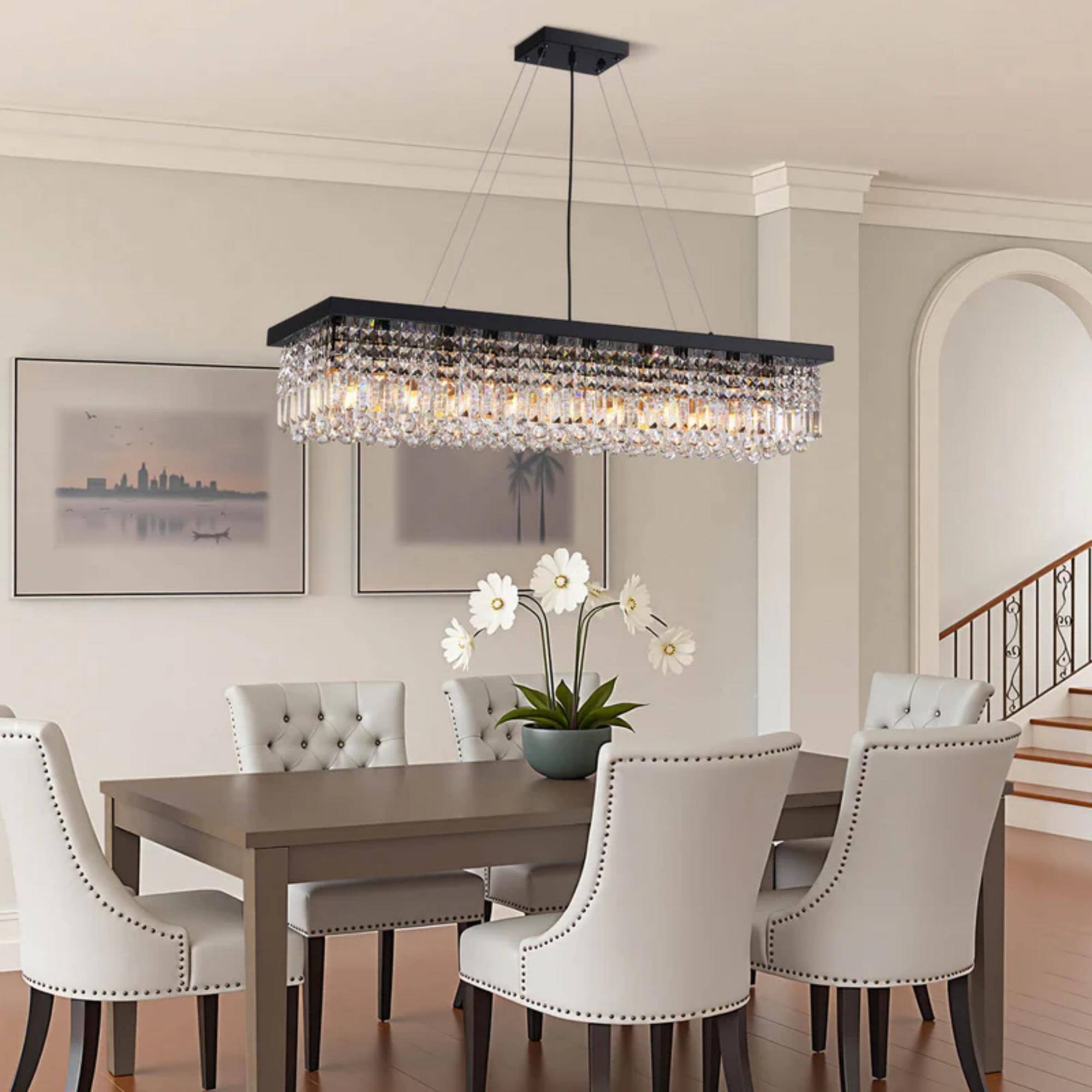 Angle. Siljoy - 47.2" 10-Light Black Linear Crystal Chandelier, Adjustable K9 Crystal Pendant Light for Kitchen Island Dining Room - Black.