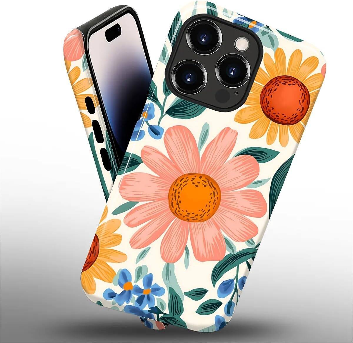 Alt View 2. Finnhomy - Smartphone Case for iPhone 14 Pro Max Dual Layer Protective Phone Case Shockproof Anti Slip Slim Cover - Retro Flowers.
