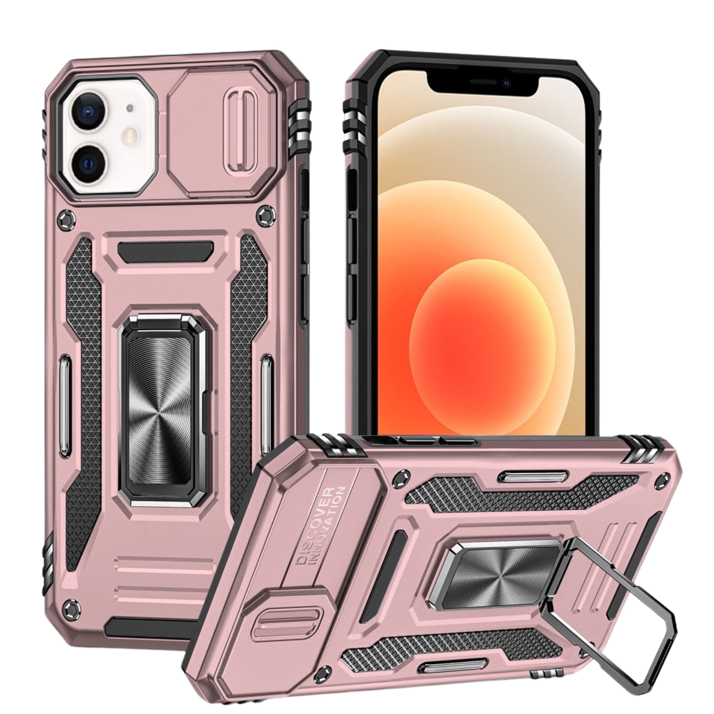 Kitcheniva - Dual Layer Shockproof Sliding Lens Cover Magnetic Ring Stand Phone Case With Tempered Glass For iPhone 12/12 Pro Rose Go - Rose Gold