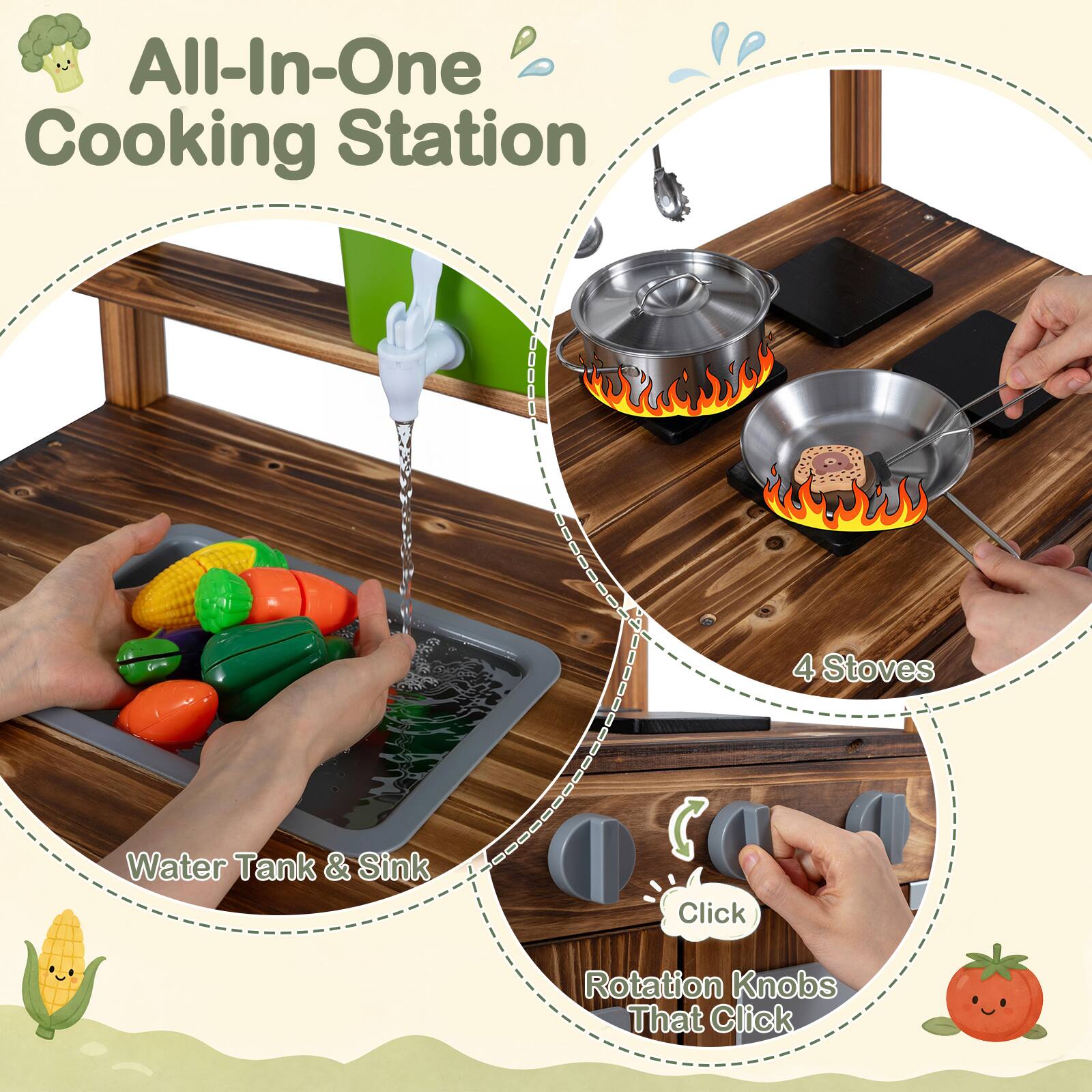 All-In-One Cooking Station

4 Stoves

Water Tank & Sink

Click

Rotation Knobs That Click
