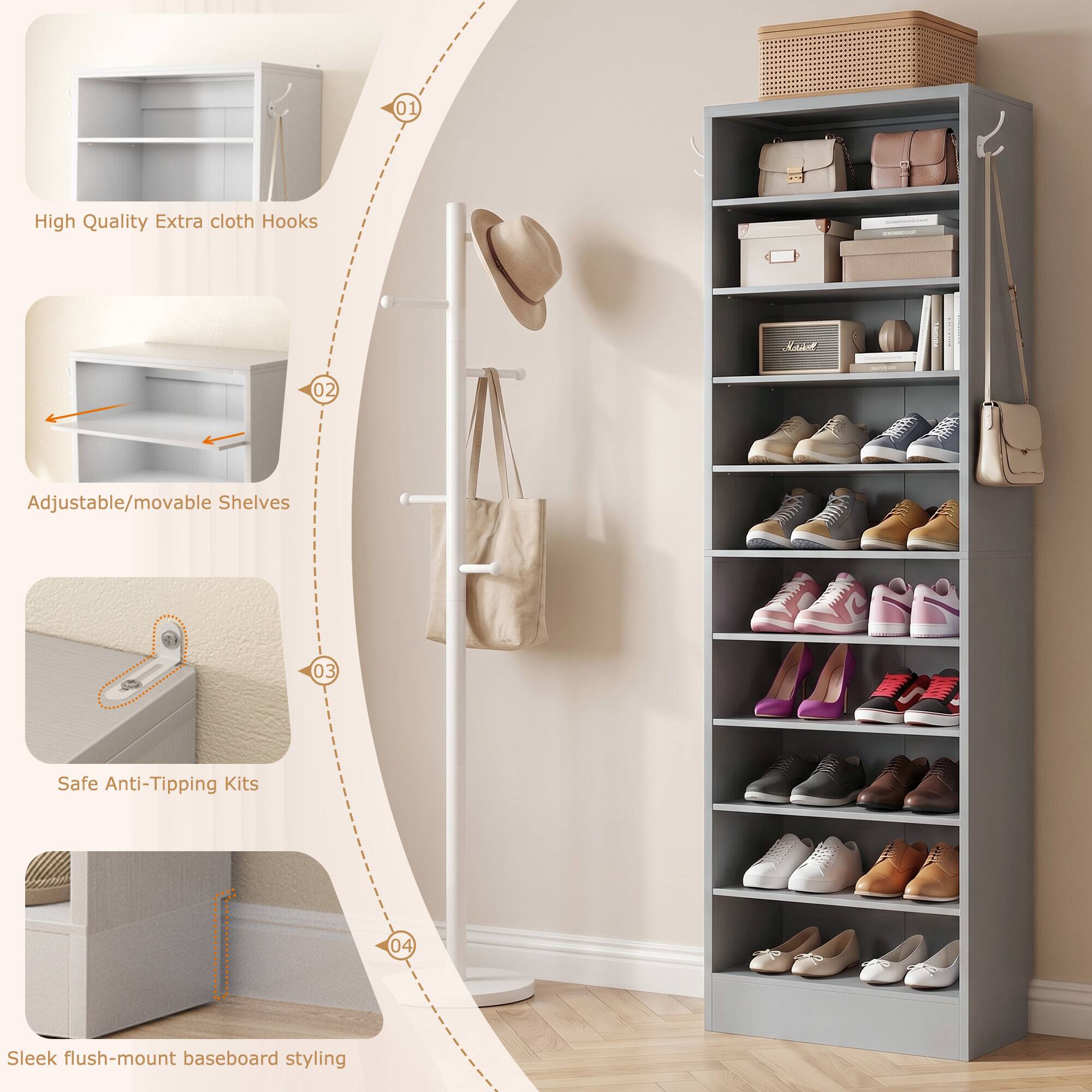 01 High Quality Extra cloth Hooks  
02 Adjustable/movable Shelves  
03 Safe Anti-Tipping Kits  
04 Sleek flush-mount baseboard styling