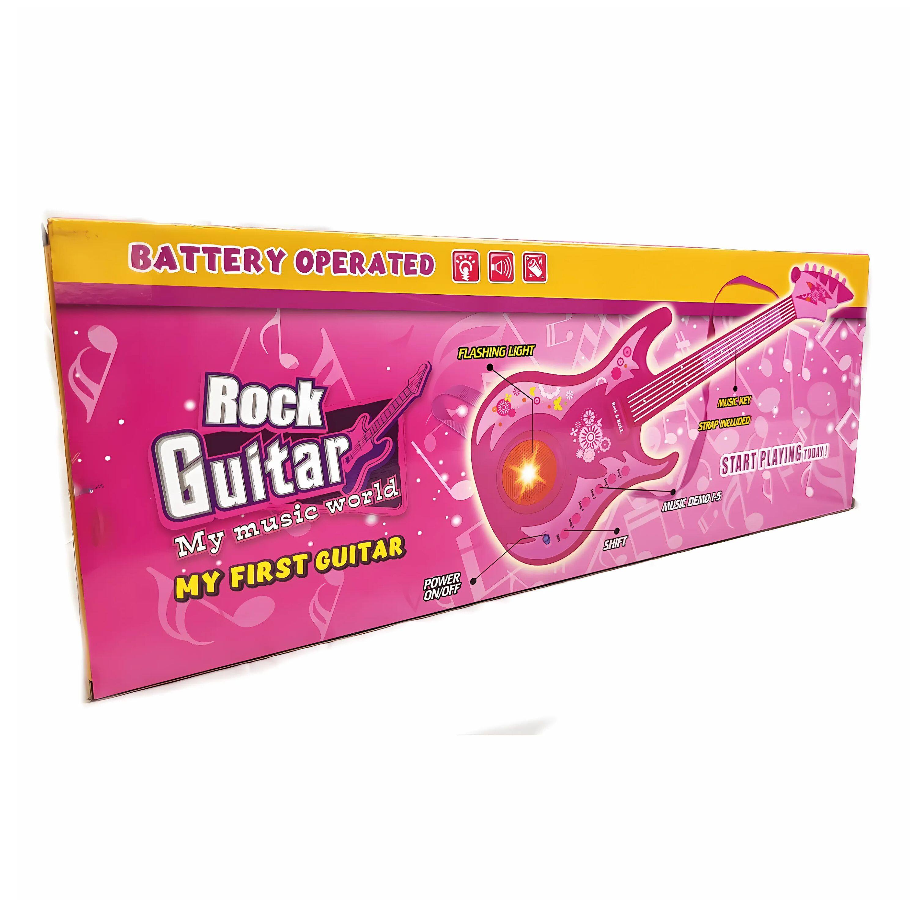 BATTERY OPERATED  
FLASHING LIGHT  

Rock Guitar  
My music world  
MY FIRST GUITAR  

POWER ON/OFF  

MUSIC DEMO 1-5  
SHIFT  

START PLAYING TODAY!  

MUSIC KEY  
STRAP INCLUDED