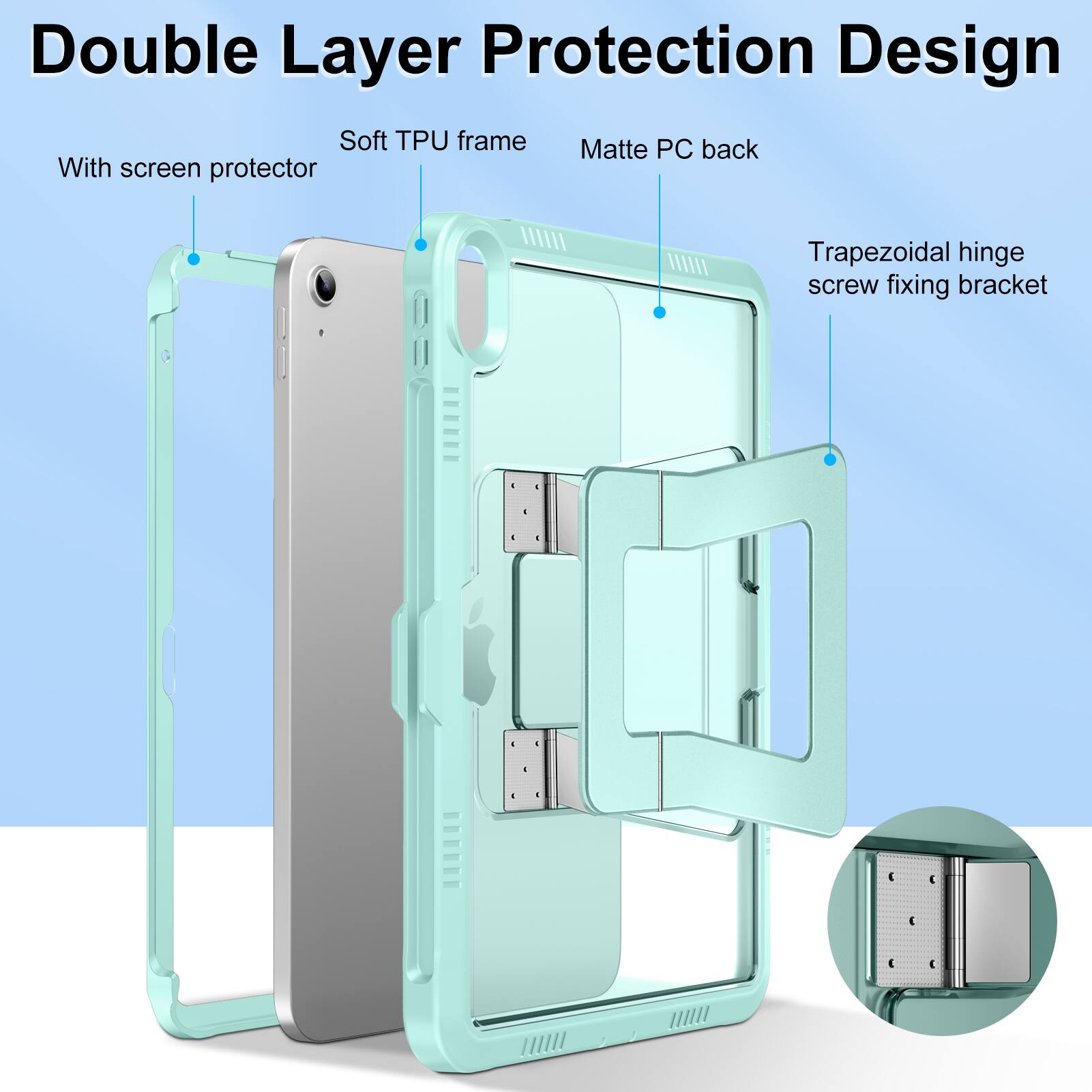 Double Layer Protection Design  
Soft TPU frame  
Matte PC back  
With screen protector  
Trapezoidal hinge screw fixing bracket