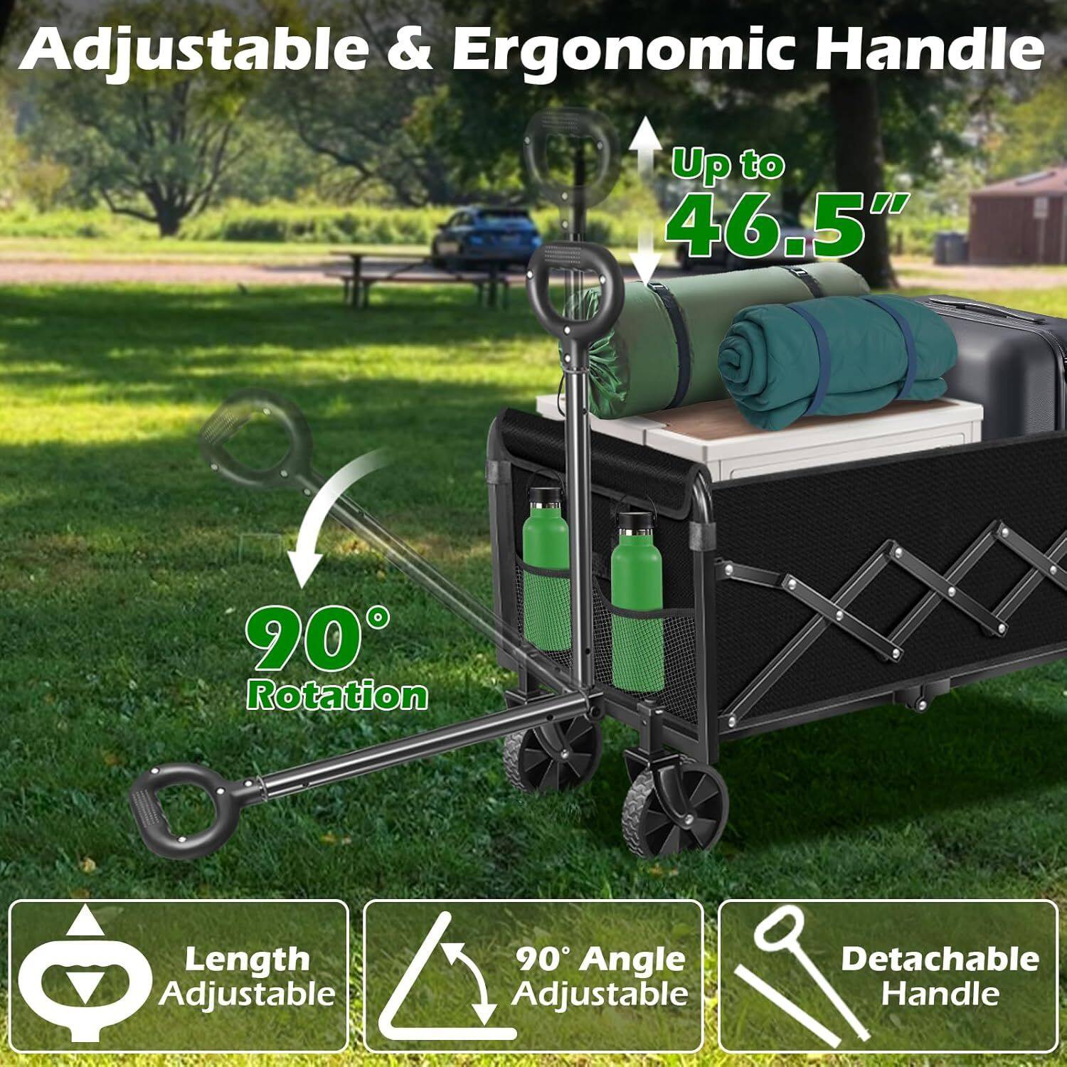Adjustable & Ergonomic Handle  
Up to 46.5"  
90° Rotation  
Length Adjustable  
90° Angle Adjustable  
Detachable Handle