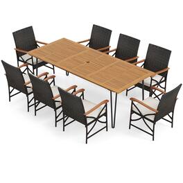 Gymax - 9 PCS Outdoor Patio Dining Set Armchairs Set of 8 & Acacia Wood Square Table - Mix Brown
