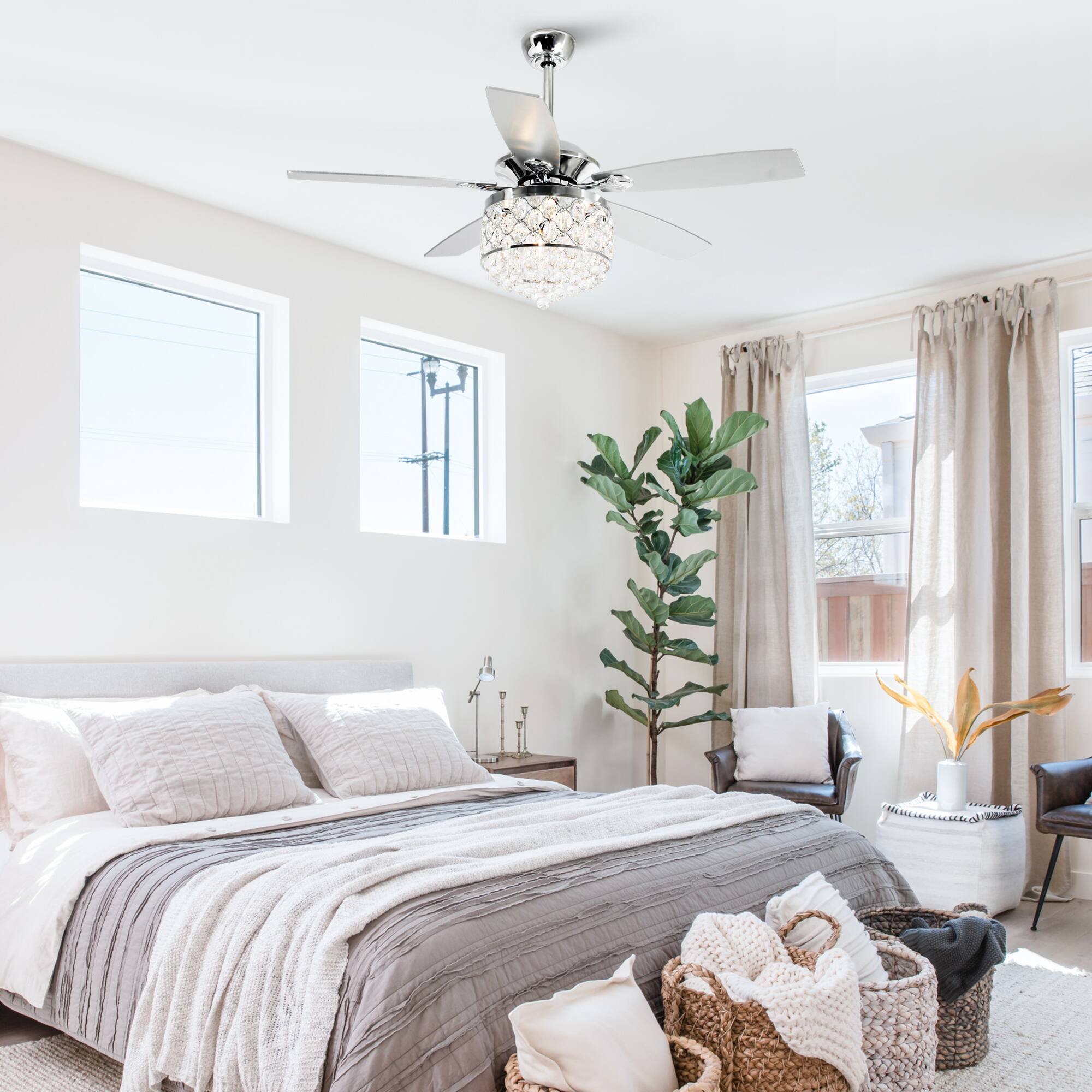 Left. Parrot Uncle - 52" Modern Silver 5-Blade Crystal Ceiling Fan with Remote Control - Chrome.