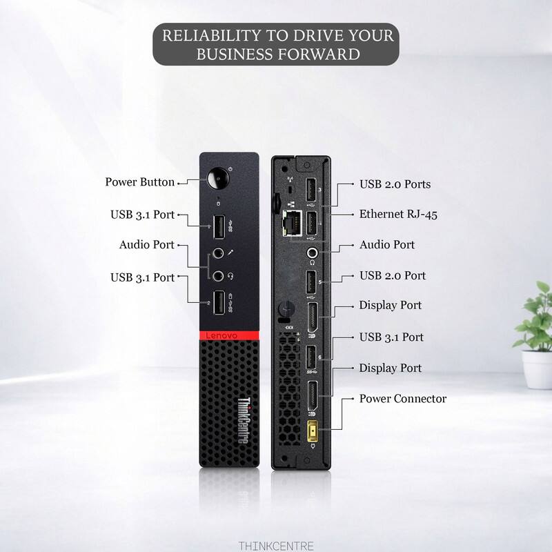 RELIABILITY TO DRIVE YOUR BUSINESS FORWARD

- Power Button
- USB 3.1 Port
- Audio Port
- USB 3.1 Port
- USB 2.0 Ports
- Ethernet RJ-45
- Audio Port
- USB 2.0 Port
- Display Port
- USB 3.1 Port
- Display Port
- Power Connector

Lenovo ThinkCentre