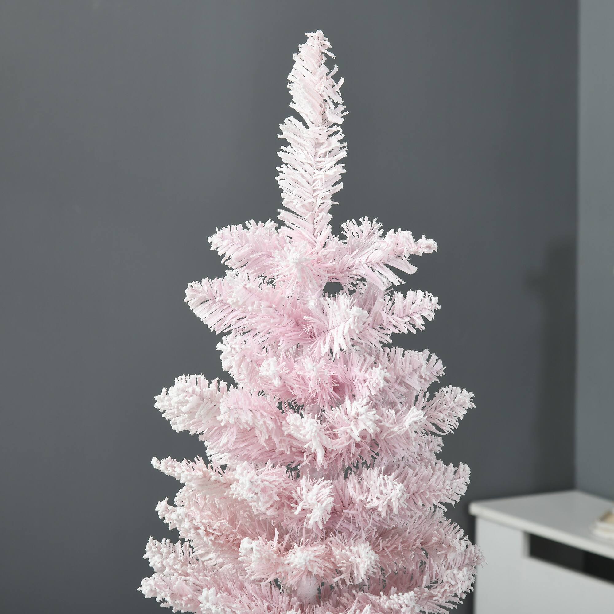Alt View 7. Homcom - Slim Snow Flocked Pencil Artificial Christmas Tree, Realistic Branches Plastic Base - Pink.