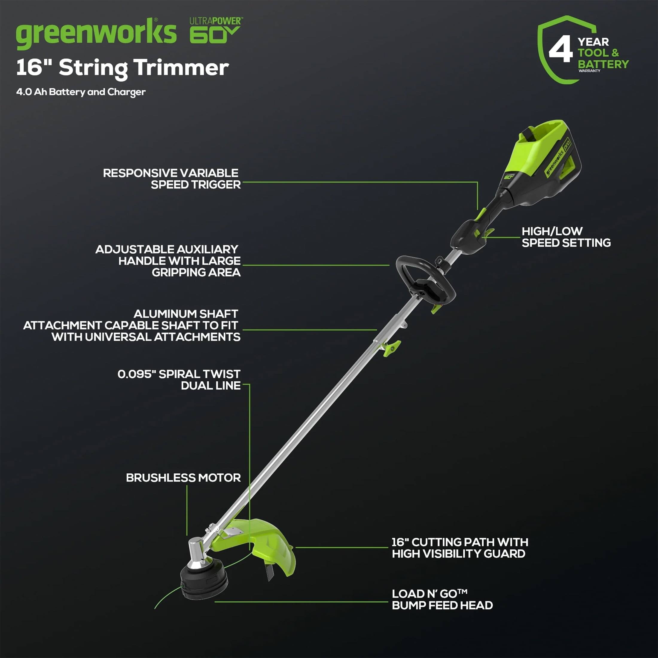 **greenworks ULTRAPOWER 60V**

**16" String Trimmer**

**4.0 Ah Battery and Charger**

- **RESPONSIVE VARIABLE SPEED TRIGGER**
- **ADJUSTABLE AUXILIARY HANDLE WITH LARGE GRIPPING AREA**
- **ALUMINUM SHAFT ATTACHMENT CAPABLE SHAFT TO FIT WITH UNIVERSAL ATTACHMENTS**
- **0.095" SPIRAL TWIST DUAL LINE**
- **BRUSHLESS MOTOR**
- **HIGH/LOW SPEED SETTING**
- **16" CUTTING PATH WITH HIGH VISIBILITY GUARD**
- **LOAD N' GO™ BUMP FEED HEAD**

**4 YEAR TOOL & BATTERY WARRANTY**