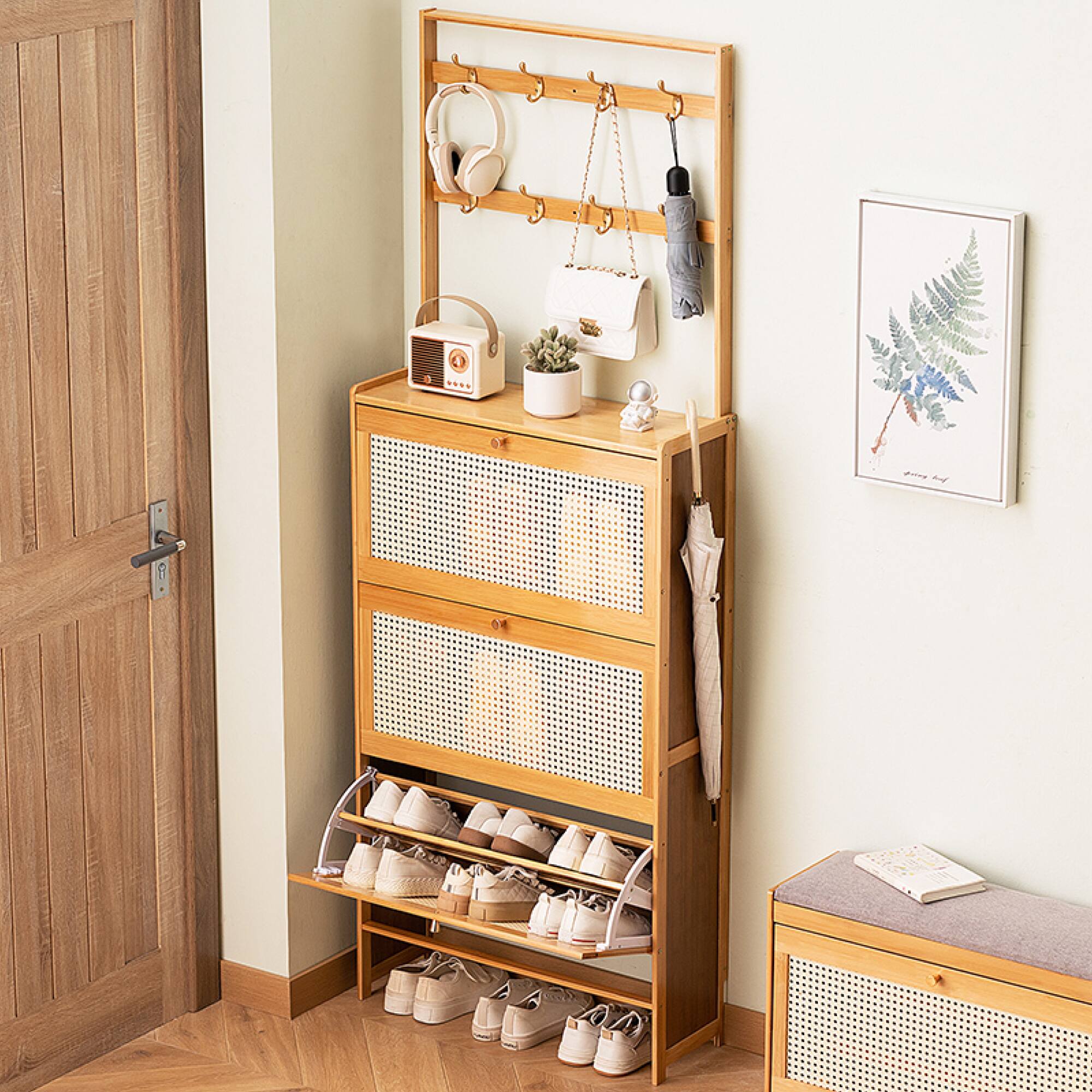 Alt View 10. GOODSILO - Freestanding Bamboo Shoe Storage Cabinet with Rattan Flip Drawers and Coat Hooks for Entryway Organization - Natural.