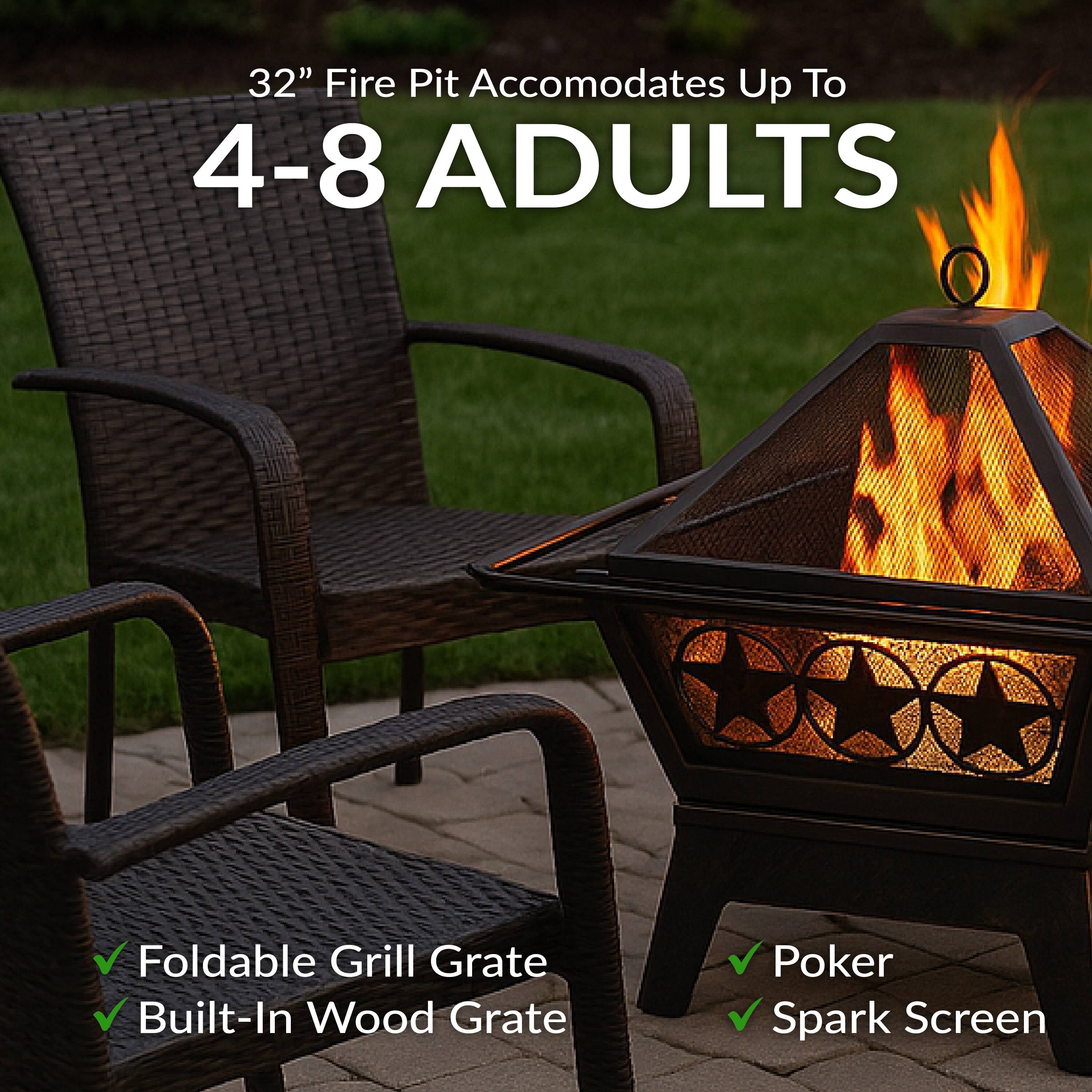 32" Fire Pit Accommodates Up To 4-8 Adults

- Foldable Grill Grate
- Built-In Wood Grate
- Poker
- Spark Screen
