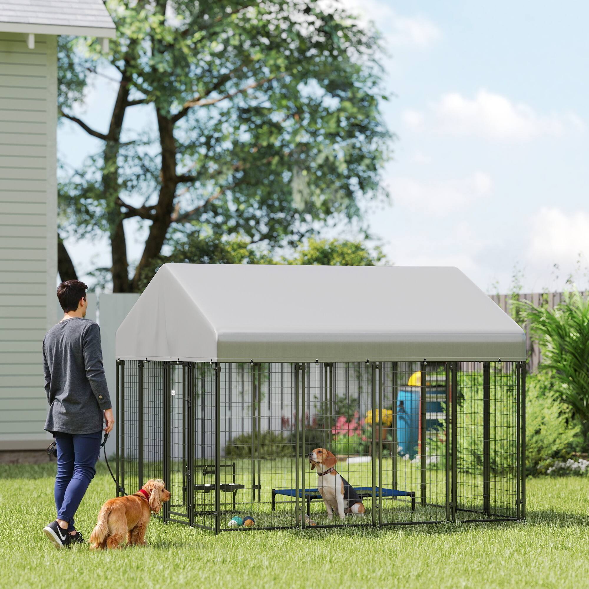 Alt View 1. Pawhut - Dog Kennel with Roof - Silver.