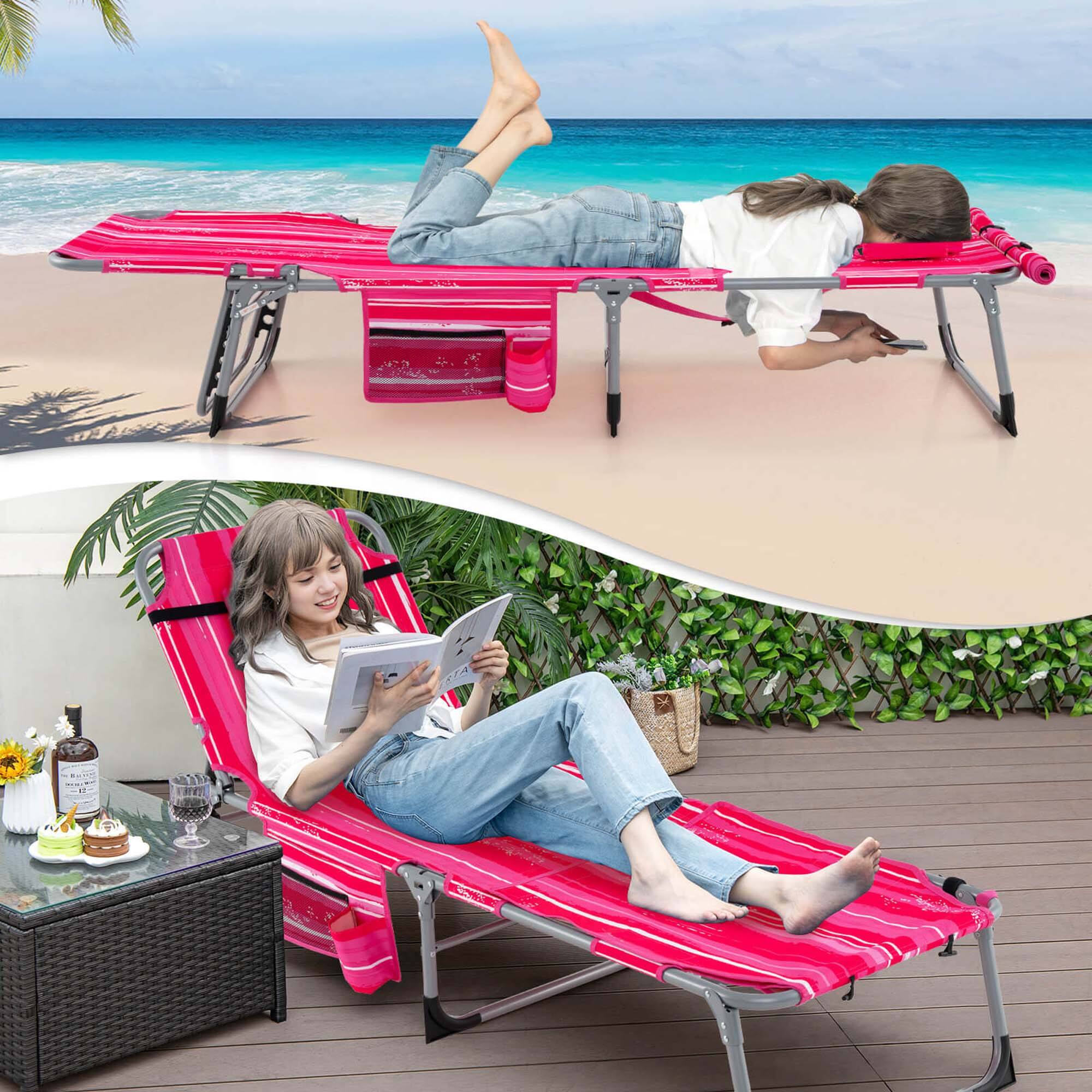 Alt View 3. Costway - Costway 2 PCS Outdoor Folding Chaise 5-Position Lounge Chair with Adjustable Footrest - Pink.