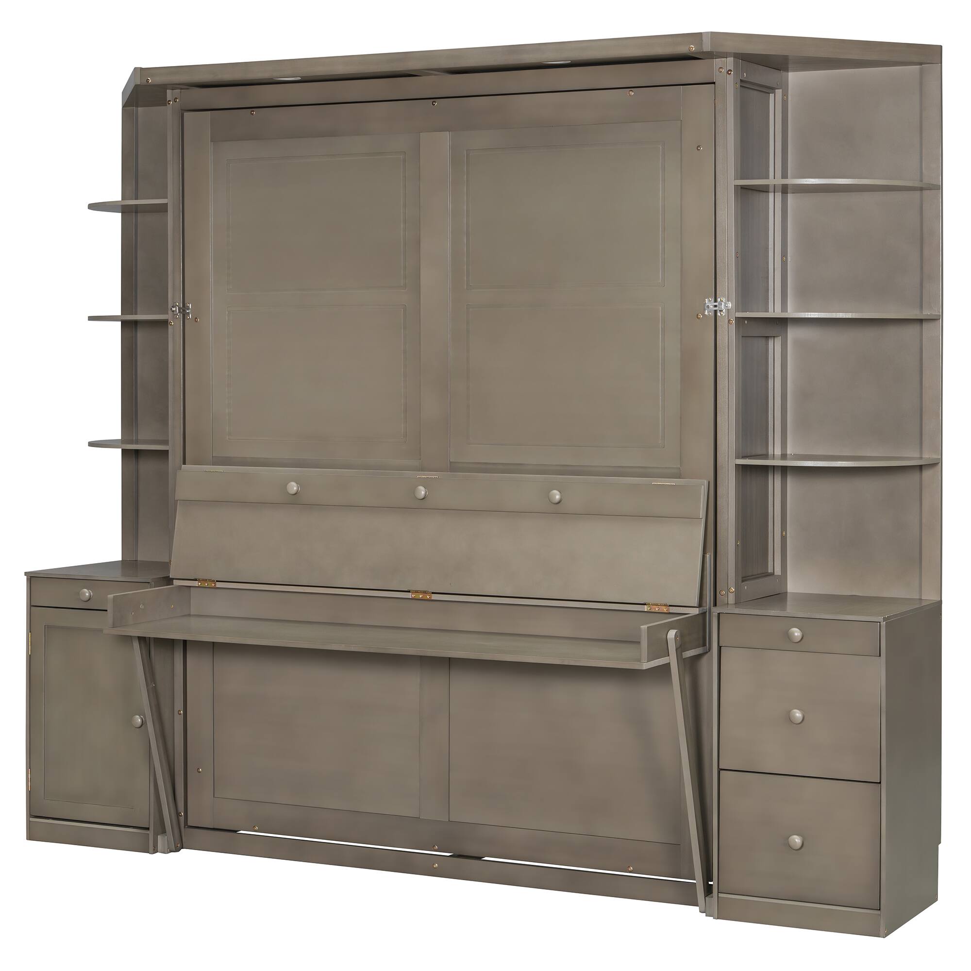 Alt View 1. Whisen - Queen Size Murphy Bed with Desk and Storage Shelves,Space-Saving Wall Bed for Home Office - Brown.