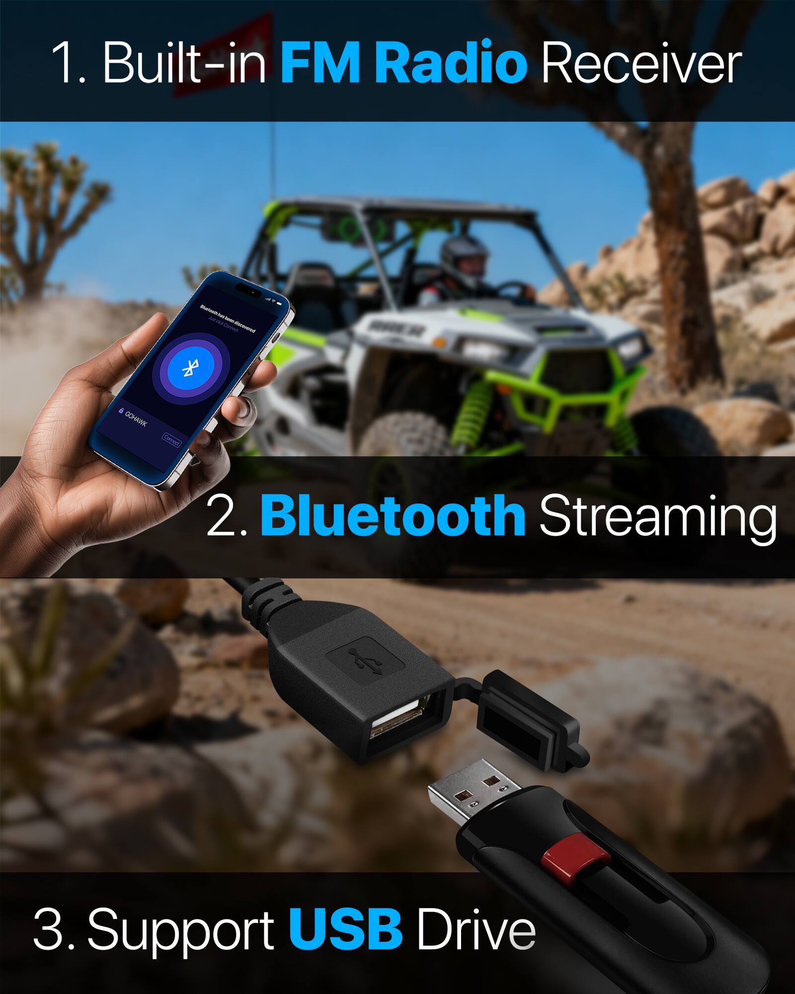 1. Built-in FM Radio Receiver
2. Bluetooth Streaming
3. Support USB Drive