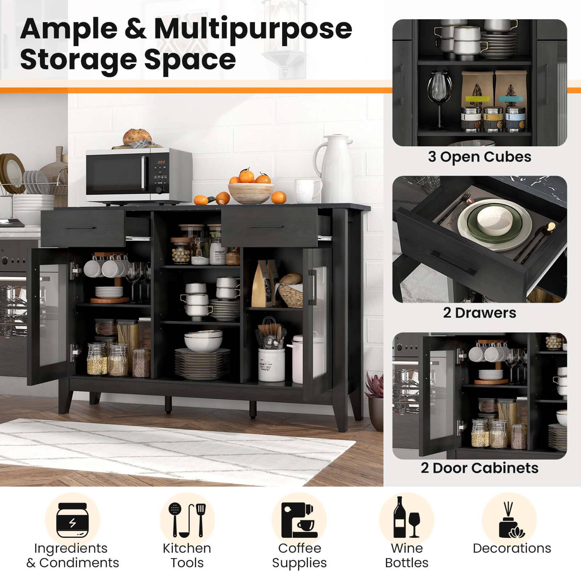 Ample & Multipurpose Storage Space 3 Open Cubes 2 Drawers 2 Door Cabinets Ingredients & Condiments Kitchen Tools Coffee Supplies Wine Bottles Decorations