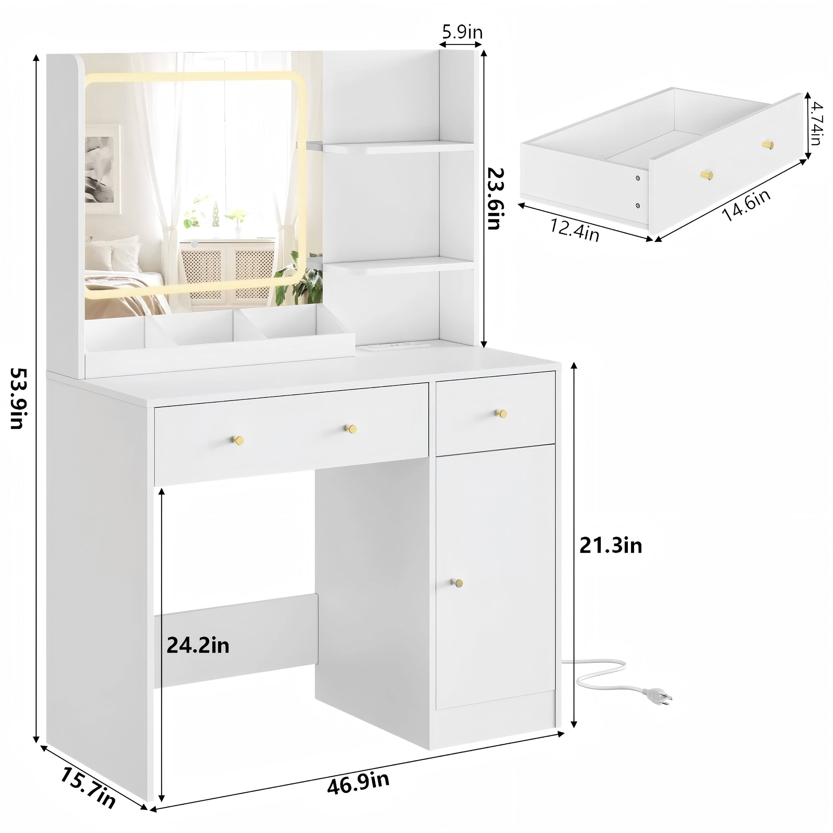 The dimensions of the furniture are as follows:

- Width: 24.2 inches
- Height: 53.9 inches
- Depth: 15.7 inches
- Shelf depth: 9 inches
- Shelf height: 2.6 inches
- Drawer height: 5.9 inches
- Drawer width: 23.6 inches
- Drawer depth: 12.4 inches
- Cabinet width: 21.3 inches
- Cabinet depth: 4.74 inches