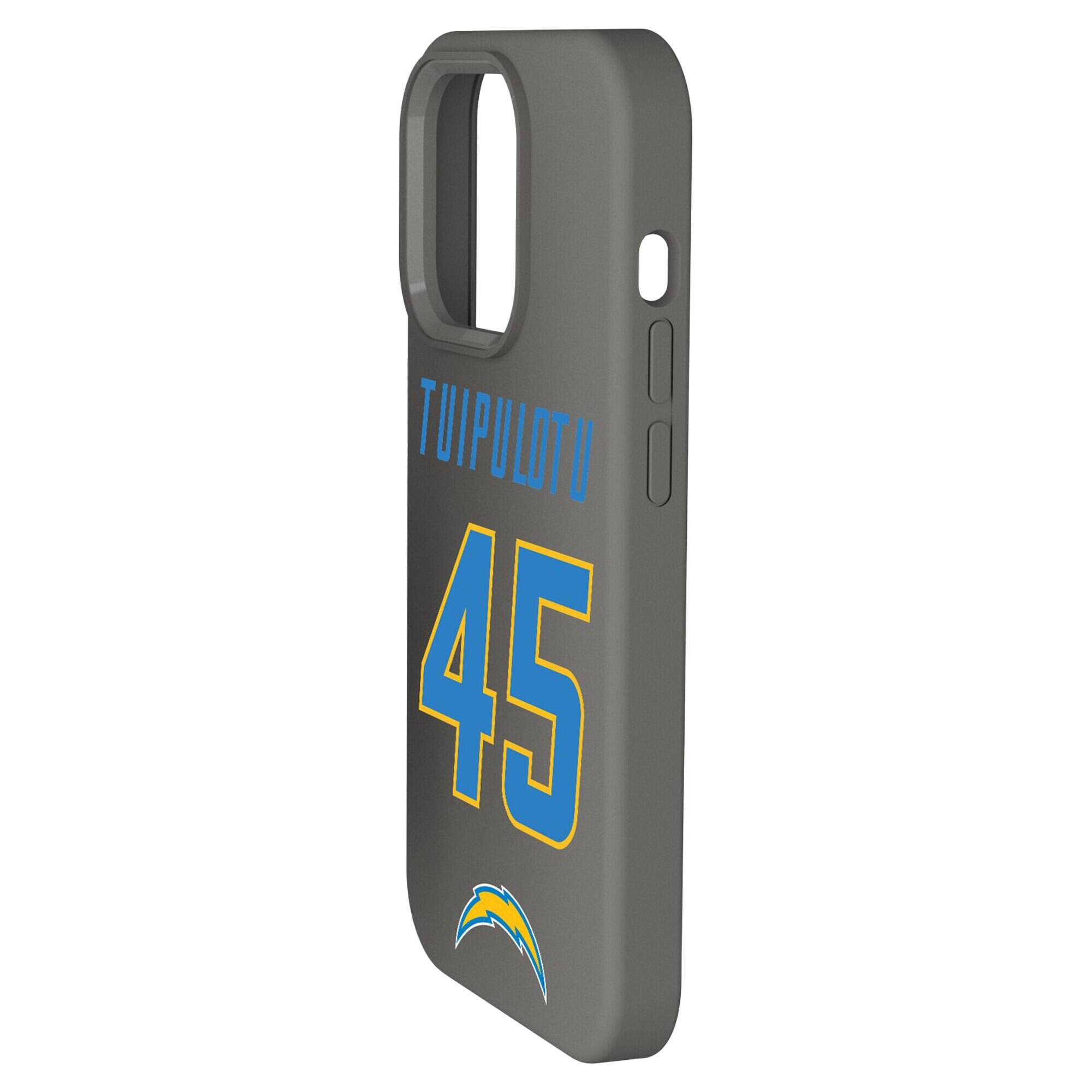 Alt View 1. Keyscaper - Tuli Tuipulotu Gray Los Angeles Chargers Ready Soft Touch iPhone Case - 15 Plus - Gray.