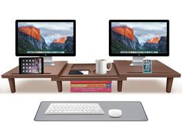 Hanke - Dual Monitor Stand Riser - Solid Wood 3 Panels Laptop With Storage For Phone mug Home office Desk Organizer - Brown