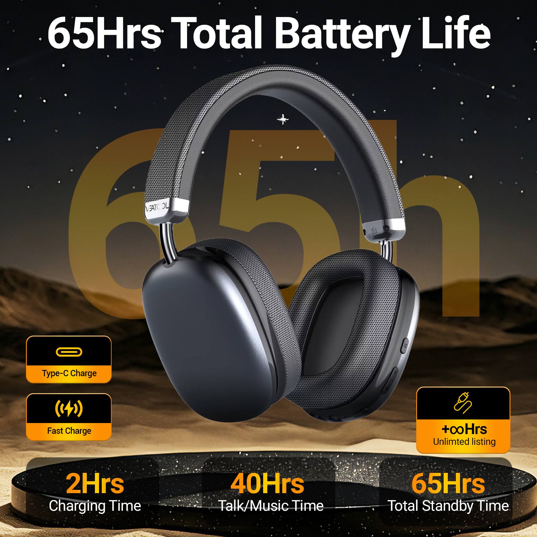 65Hrs Total Battery Life  
Type-C Charge  
Fast Charge  
+00Hrs Unlimited listing  
2Hrs Charging Time  
40Hrs Talk/Music Time  
65Hrs Total Standby Time