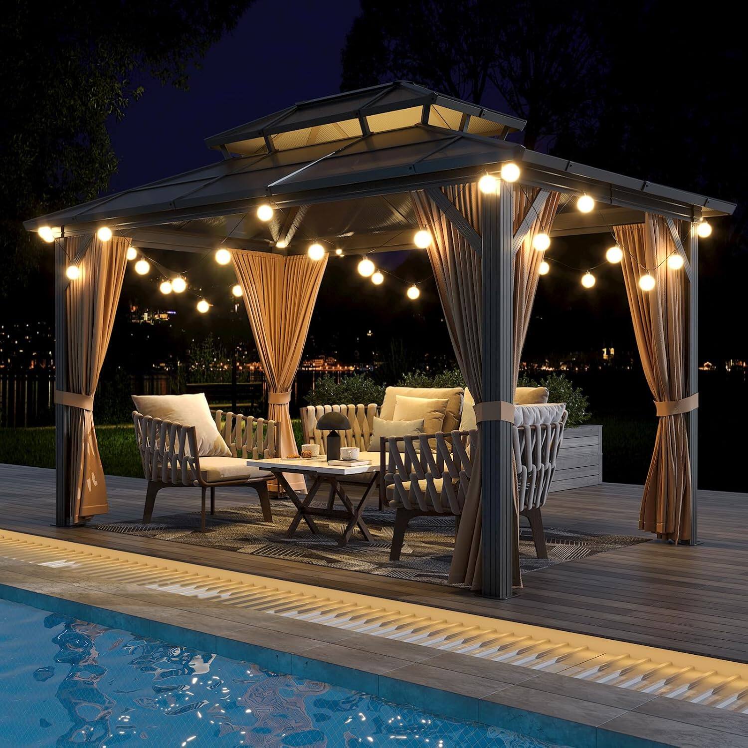 Angle. Acekool - 10'x13' Hardtop Gazebo, Double Polycarbonate Roof, Aluminum Frame, Curtains & Netting, Outdoor Pavilion, 10x13ft - Gray.