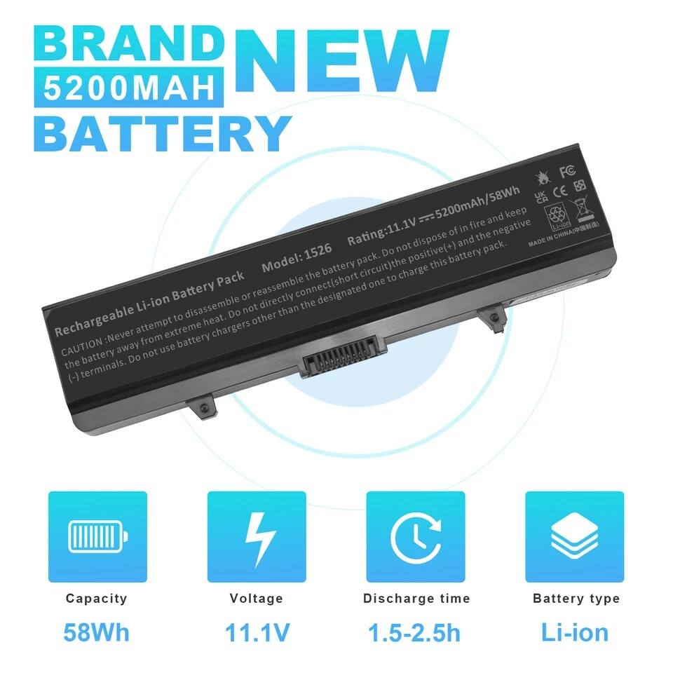 **BRAND NEW 5200MAH BATTERY**

- **Model:** 1526
- **Rating:** 11.1V / 5200mAh / 58Wh
- **Capacity:** 58Wh
- **Voltage:** 11.1V
- **Discharge time:** 1.5-2.5h
- **Battery type:** Li-ion

**CAUTION:**
- Do not dispose of the battery pack in fire and keep away from extreme heat.
- Do not attempt to disassemble or reassemble the battery pack.
- Do not dispose of the battery pack in fire and keep away from extreme heat.
- Do not dispose of the battery pack in fire and keep away from extreme heat.
- Do not dispose of the battery pack in fire and keep away from extreme heat.
- Do not dispose of the battery pack in fire and keep away from extreme heat.
- Do not dispose of the battery pack in fire and keep away from extreme heat.
- Do not dispose of the battery pack in fire and keep away from extreme heat.
- Do not dispose of the battery pack in fire and keep away from extreme heat.
- Do not dispose of the battery pack in fire