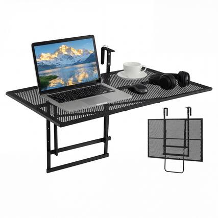Front. Gymax - Gymax 31.5'' Balcony Railing Table w/ 5-Position Adjustable Height for Porch Patio - Black.