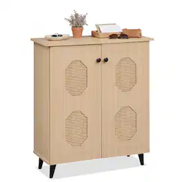 Costway - Shoe Cabinet with 2 Doors Freestanding Closed Shoe Storage Unit for Hallway - 2-Door Octagonal Cutouts Natural