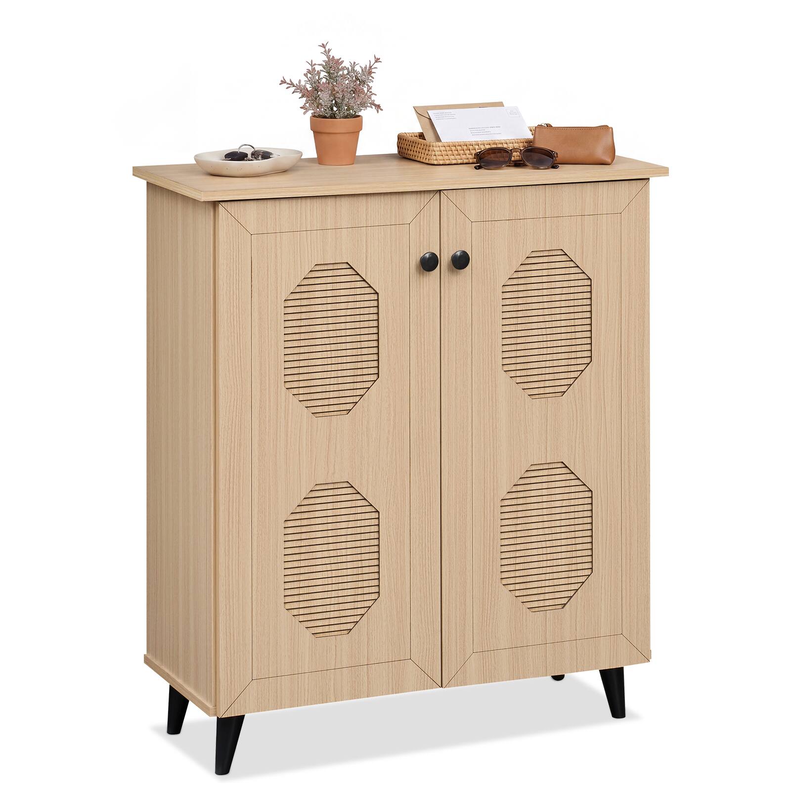 Front. Costway - Costway Shoe Cabinet with 2 Doors Freestanding Closed Shoe Storage Unit for Hallway - 2-Door Octagonal Cutouts Natural.