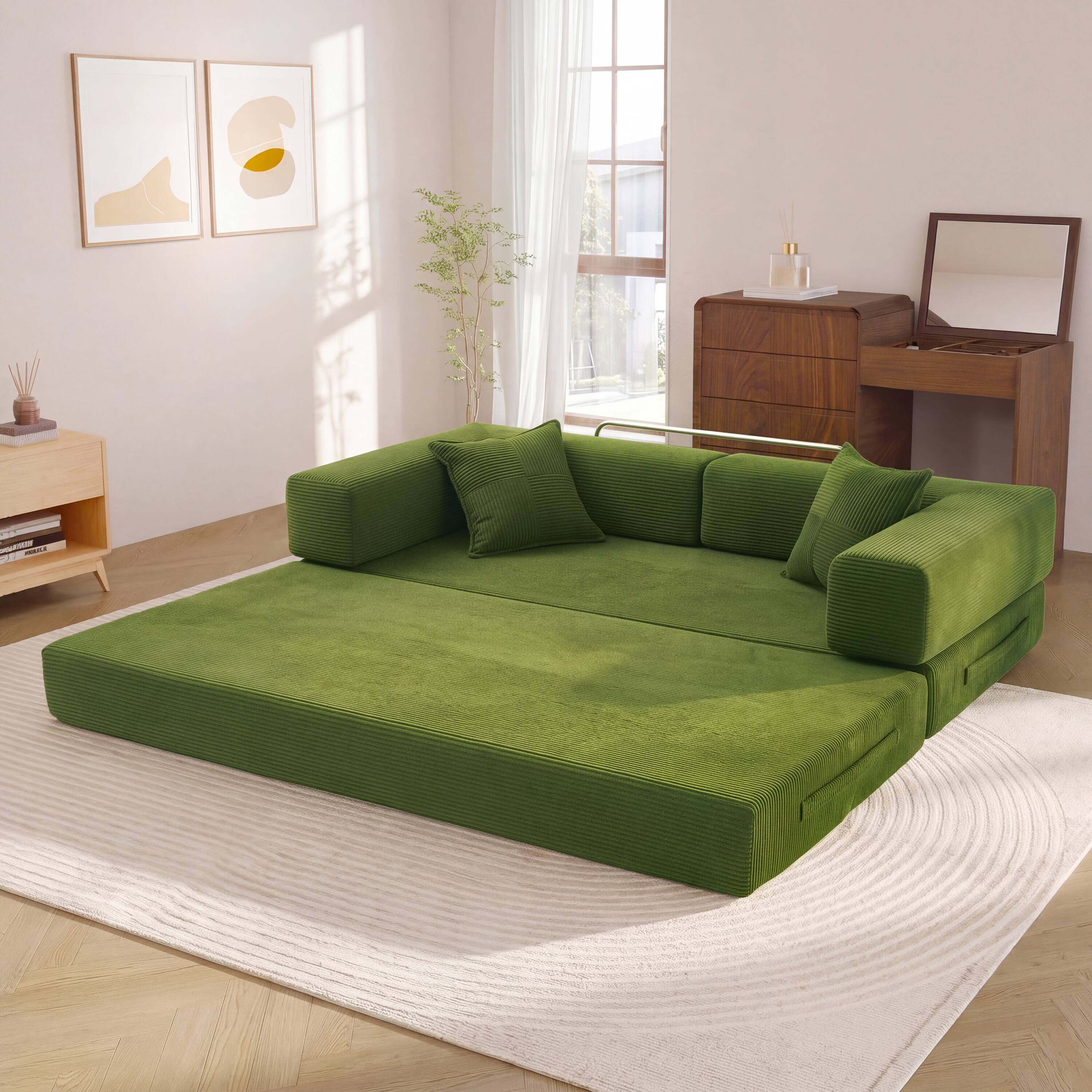 Left. Dyonery - 78.74" Sectional Modular Sofa Bed, Boneless Loveseat Couch with Armrest for Living Room Bedroom Guest Room - Green.