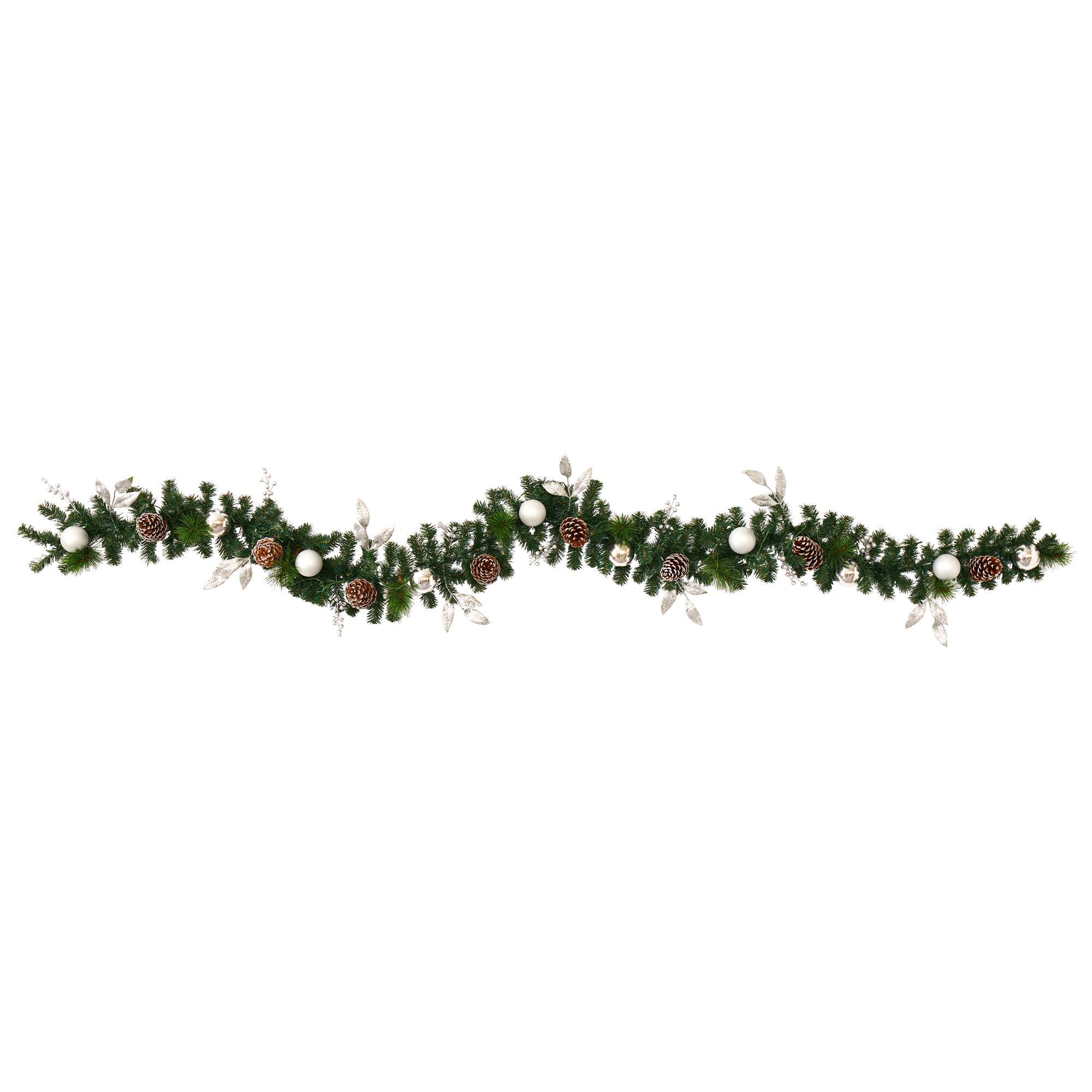 Left. BreeBe - 9’ Ornament and Pinecone Xmas Garland w/50 Clear LED Lights - Green.