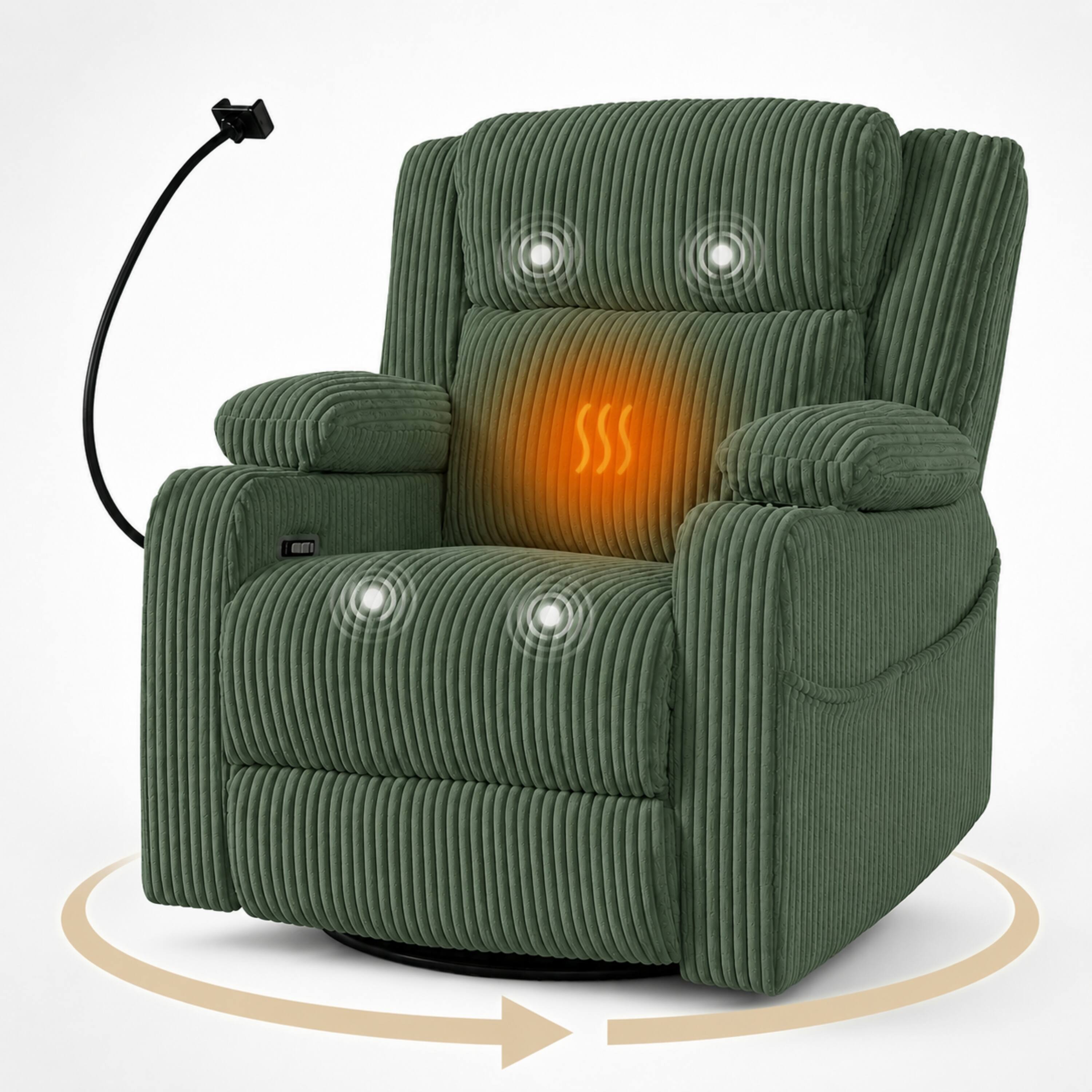 Alt View 2. Anysun - 270° Swivel Electric Power Recliner Chair with Phone Holder & USB Ports, Side Pockets, Cup Holder - Green.