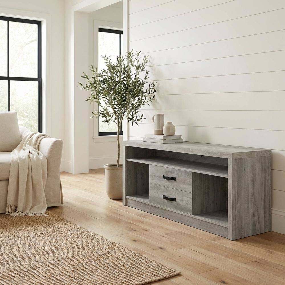Alt View 2. FurniFact - Engineered wood TV stand, two drawers in grey driftwood finish, transitional - Green.