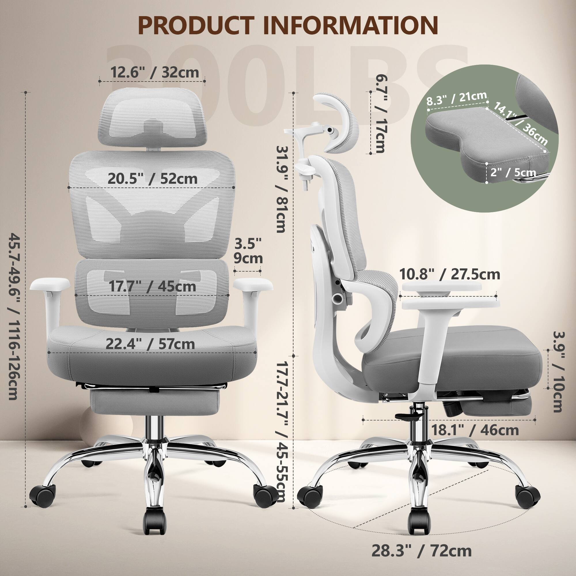 PRODUCT INFORMATION

- 12.6" / 32cm
- 20.5" / 52cm
- 17.7" / 45cm
- 3.5" / 9cm
- 10.8" / 27.5cm
- 22.4" / 57cm
- 31.9" / 81cm
- 45.7-49.6" / 116-126cm
- 17.7-21.7" / 45-55cm
- 28.3" / 72cm
- 6.7" / 17cm
- 8.3" / 21cm
- 14.1" / 36cm
- 2" / 5cm
- 3.9" / 10cm
- 18.1" / 46cm