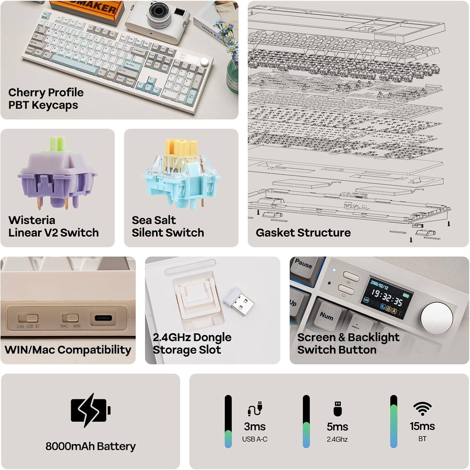 - Cherry Profile PBT Keycaps
- Wisteria Linear V2 Switch
- Sea Salt Silent Switch
- Gasket Structure
- 24G UB
- WIN/Mac Compatibility
- 2.4GHz Dongle
- Storage Slot
- Screen & Backlight Switch Button
- 8000mAh Battery
- 3ms USB A-C
- 5ms 2.4Ghz
- 15ms BT