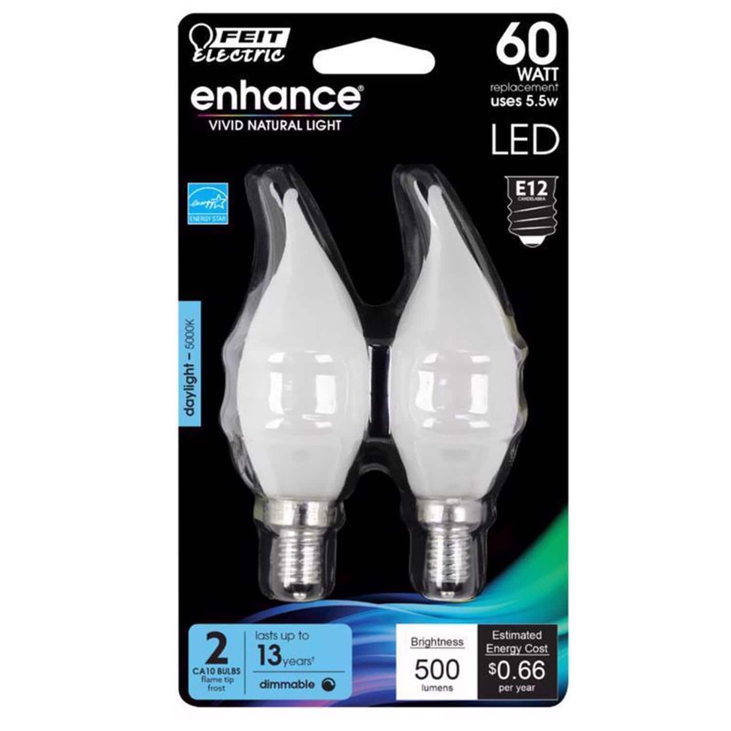 FEIT ELECTRIC - Feit Enhance CA10 (Flame Tip) E12 (Candelabra) Filament LED Bulb Daylight 60 Watt Equivalence 2 pk price history on PriceWatchPro
