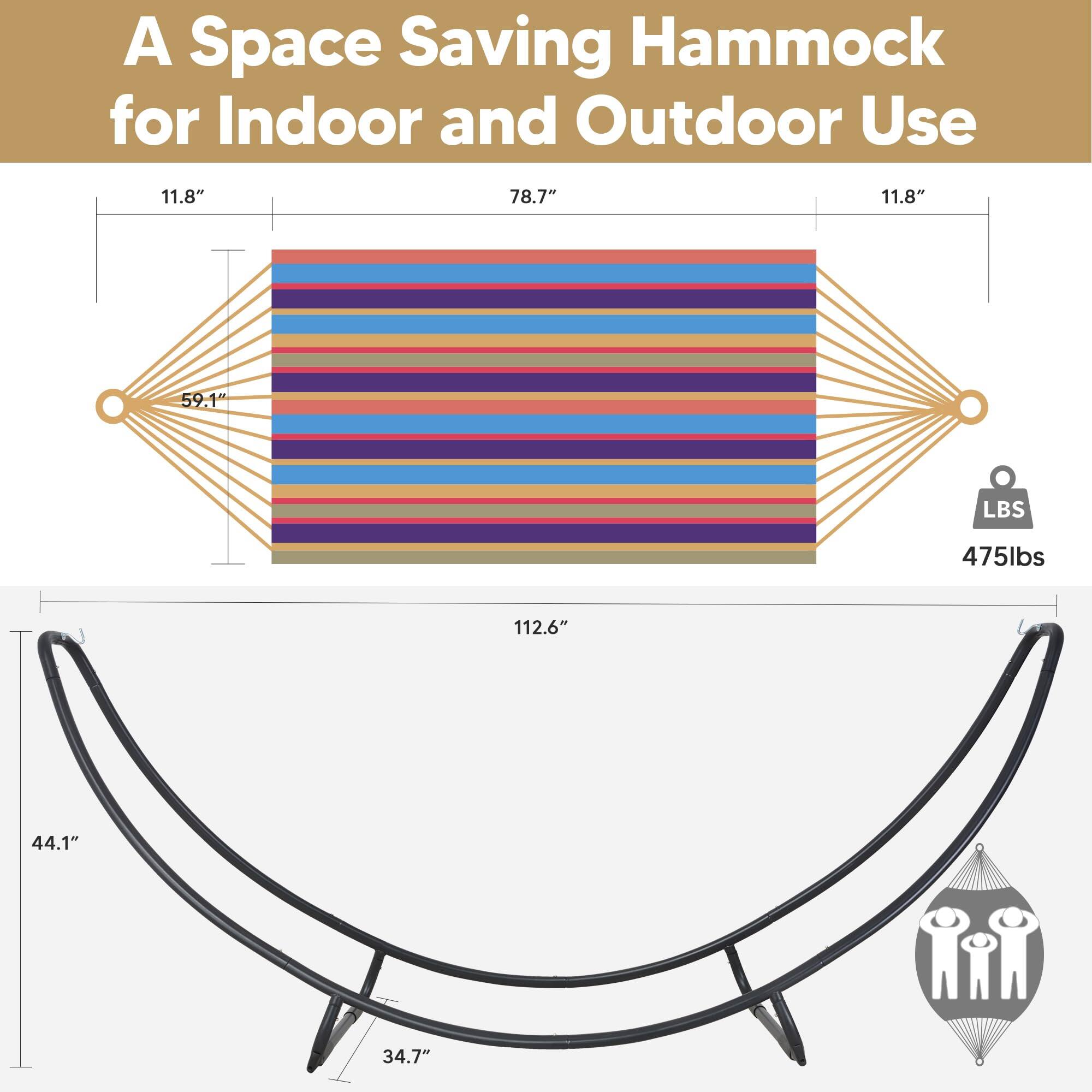 A Space Saving Hammock for Indoor and Outdoor Use

- Width: 78.7"
- Height: 59.1"
- Depth: 11.8" (on both sides)
- Length: 112.6"
- Height from the ground: 44.1"
- Depth from the wall: 34.7"
- Weight Capacity: 475 lbs