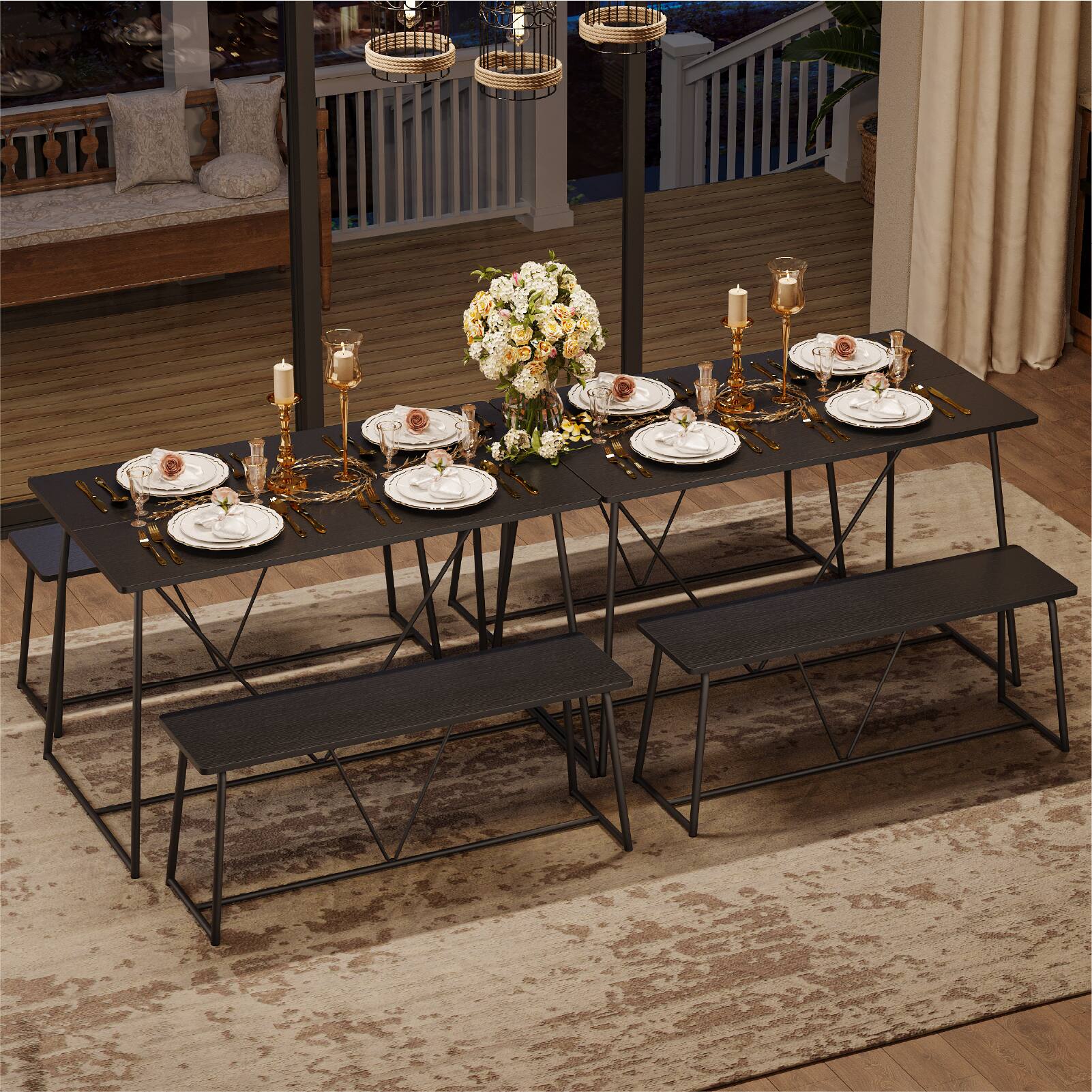 Back. Bestier - 47.5 inch Wood Dining Table Set for 4, Kitchen Table with Reinforced Metal Frame, Waterproof  Nook Set for Small Spaces - Black.