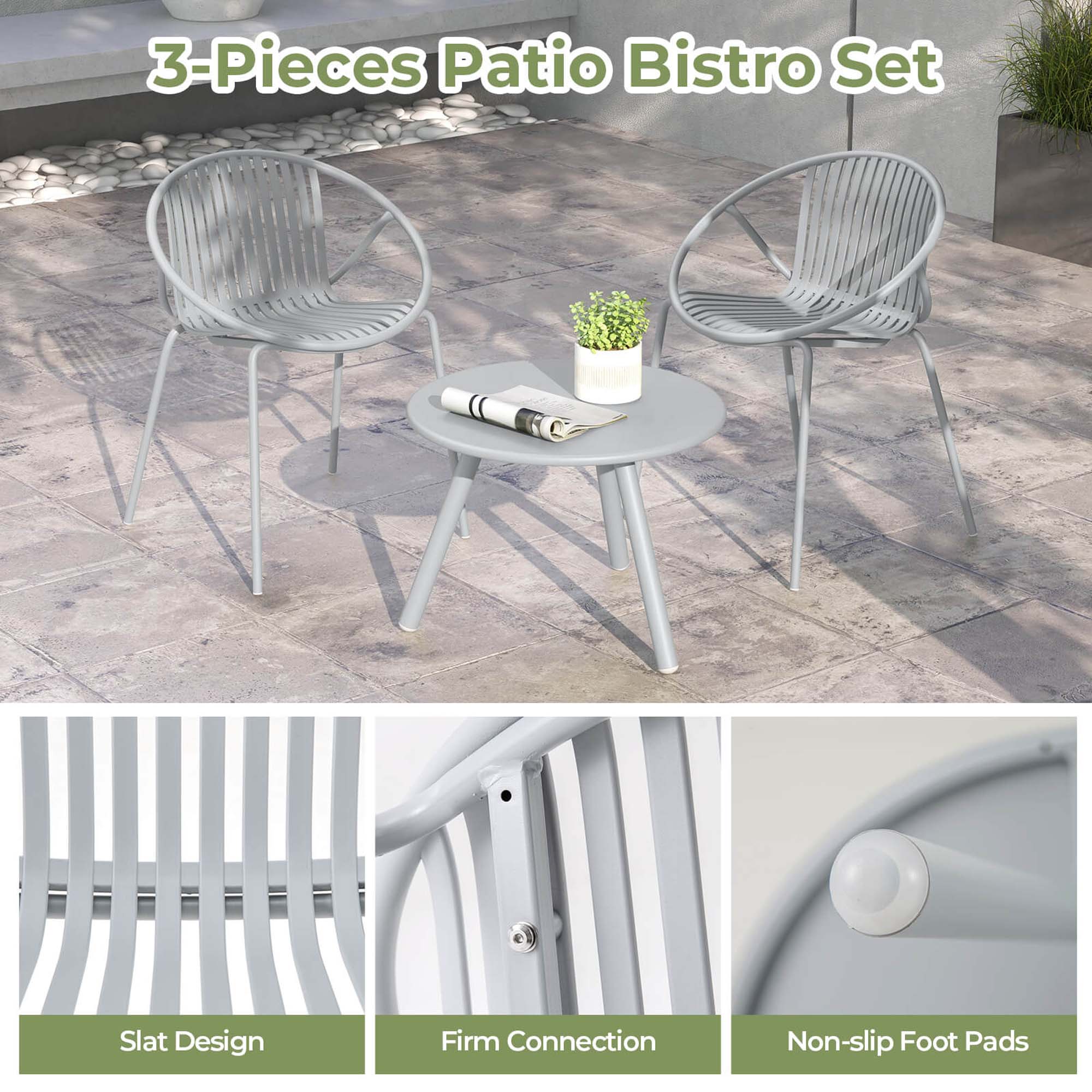 3-Pieces Patio Bistro Set Slat Design Firm Connection Non-slip Foot Pads
