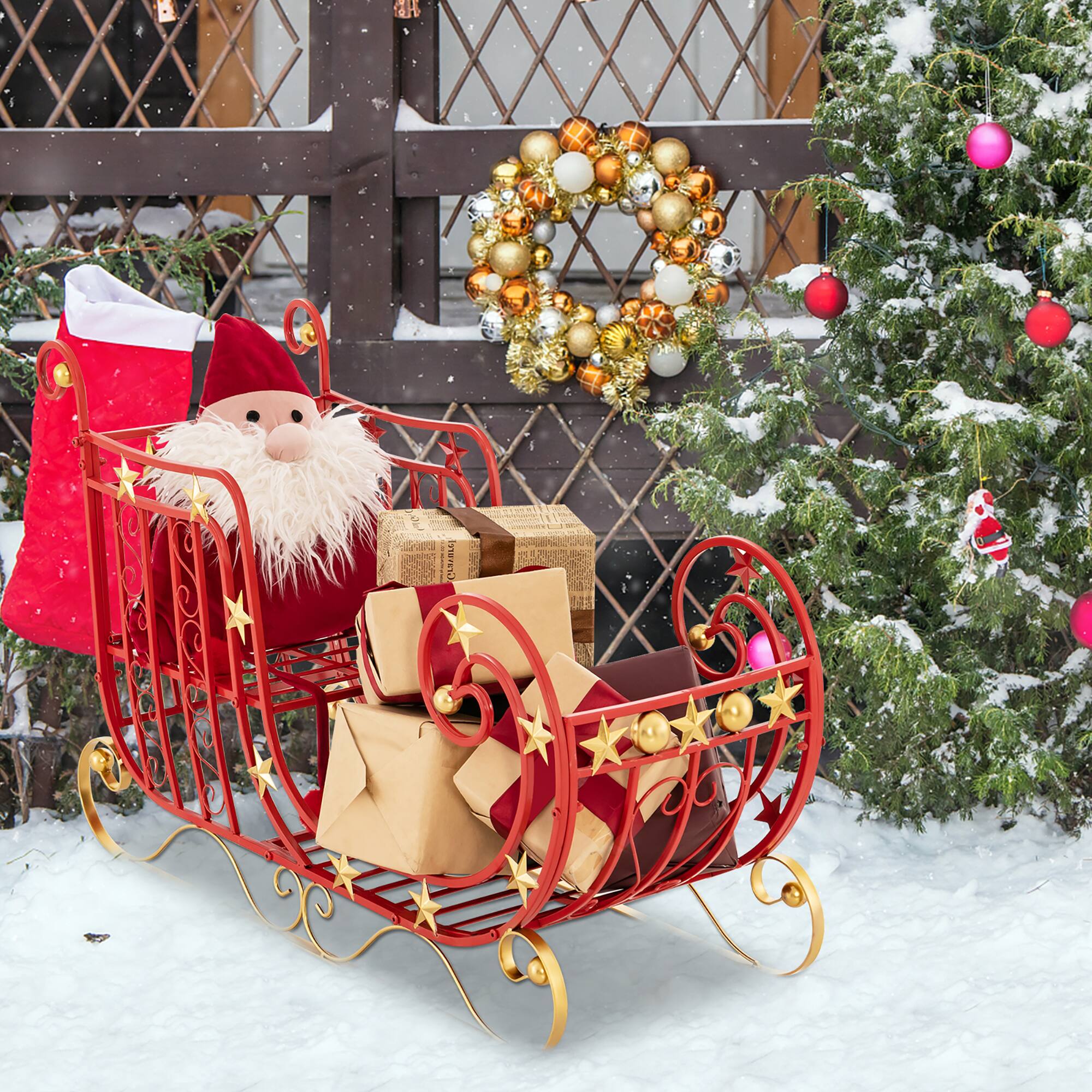 Alt View 4. Gymax - Gymax Christmas Metal Sleigh Large Red Santa Sleigh Decoration w/ Big Loading Area for Gifts - Red, Golden.